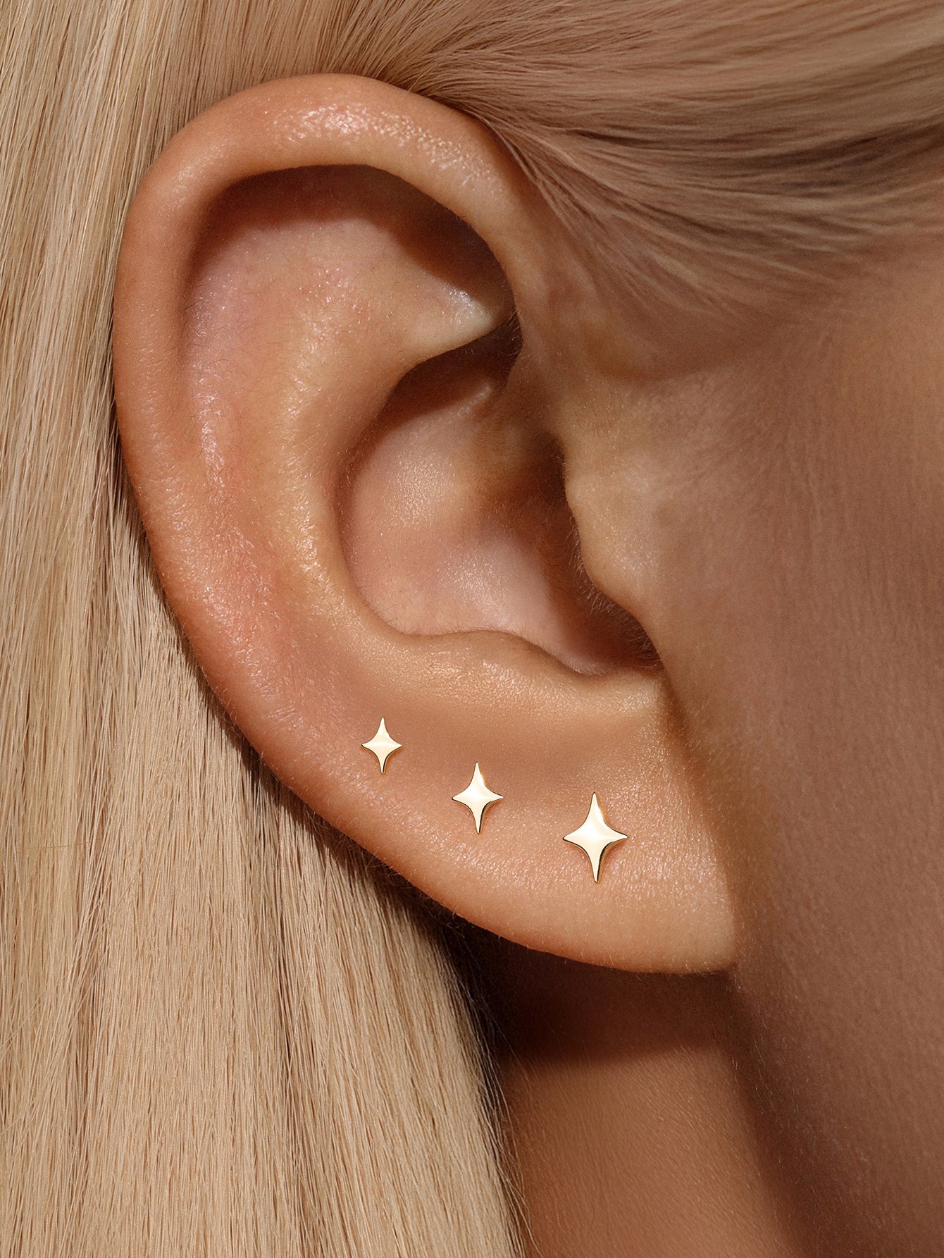 14K Solid Gold  Shining Star Glossy Ear Piercing Stud