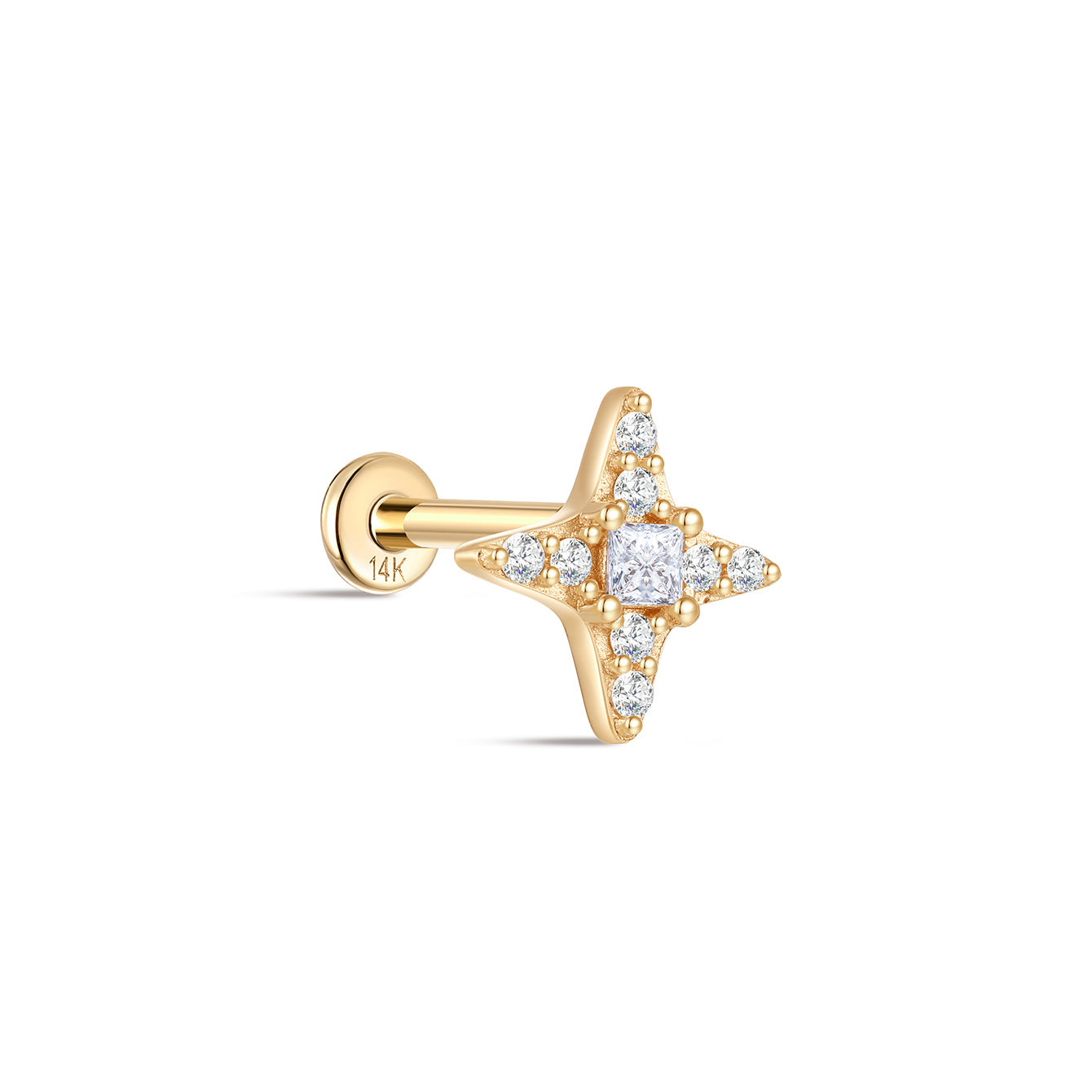 kosiner jewelry 14K Solid Gold Pave Radiant Star Ear Piercing Stud