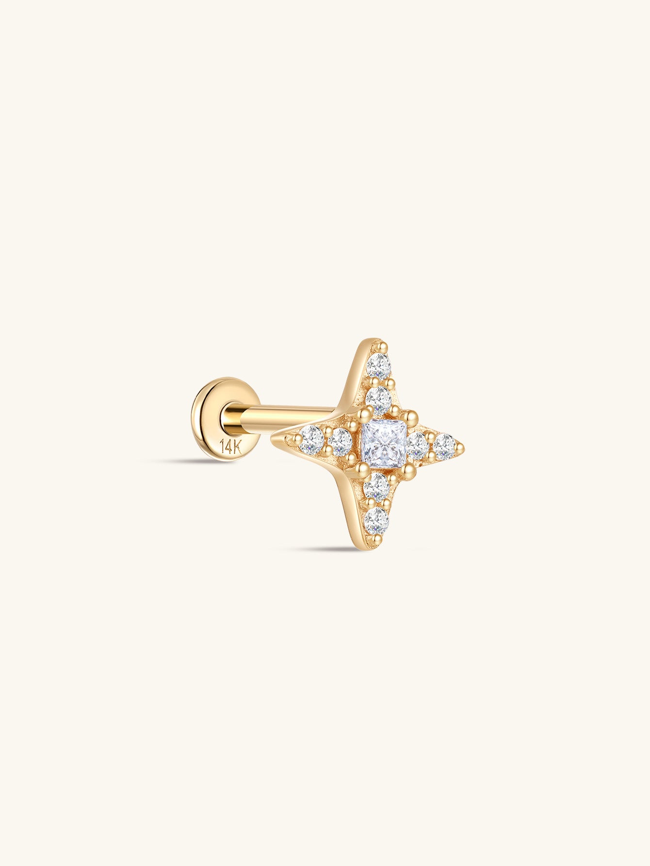 kosiner jewelry 14K Solid Gold Pave Radiant Star Ear Piercing Stud
