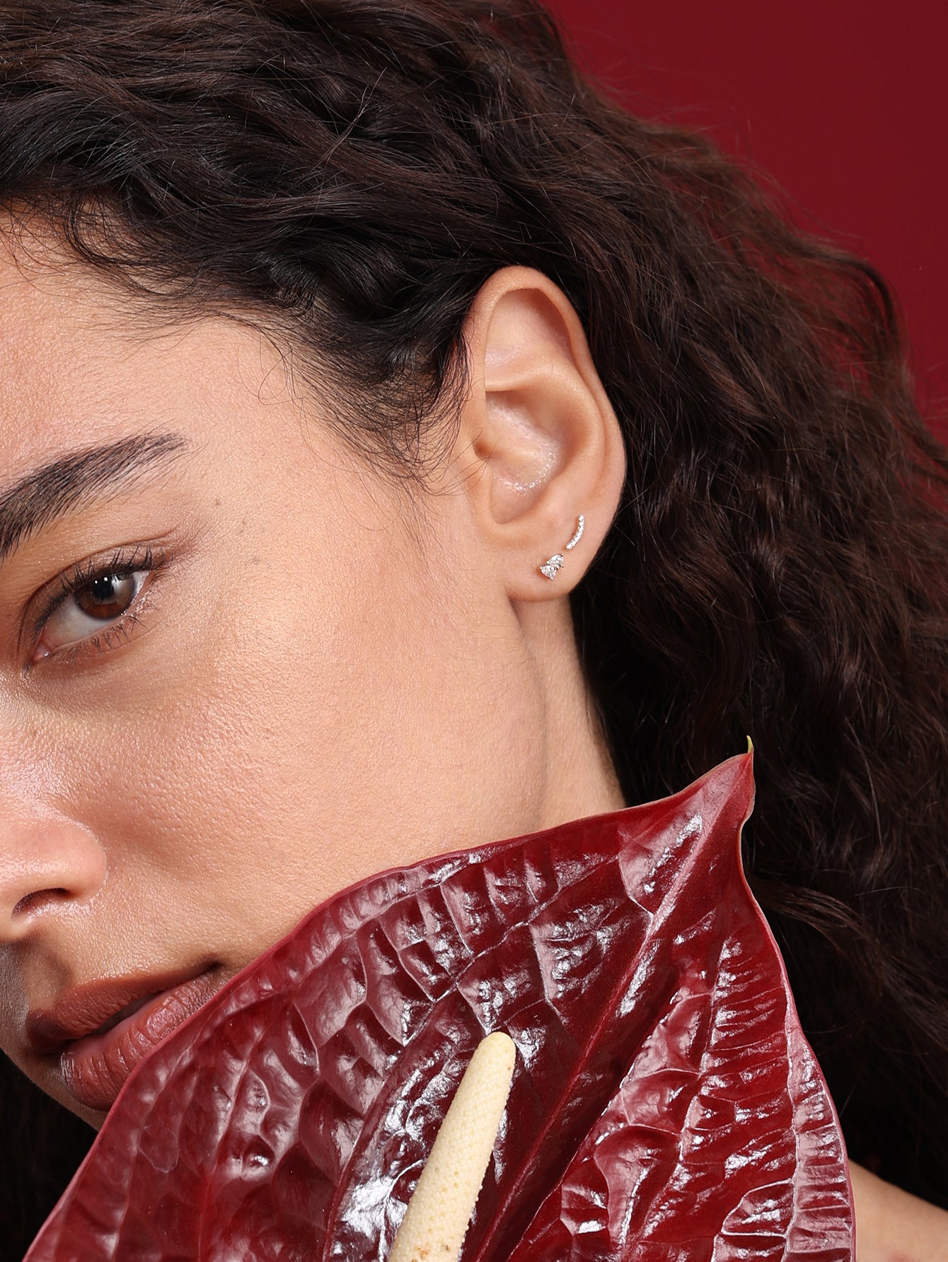 14K Solid Gold Pave Crescent Ear Piercing Stud