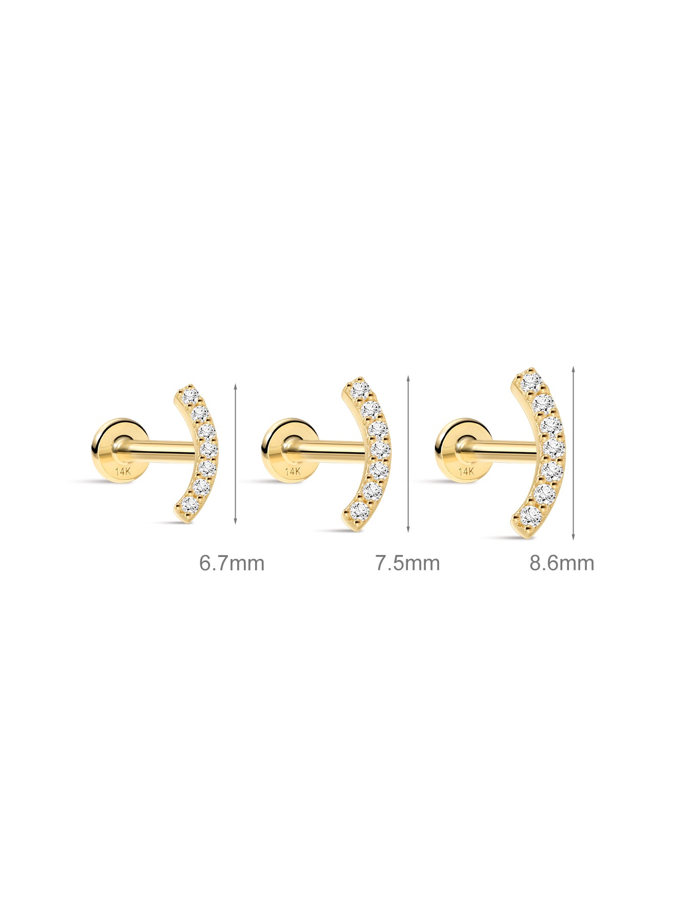 14K Solid Gold Pave Crescent Ear Piercing Stud