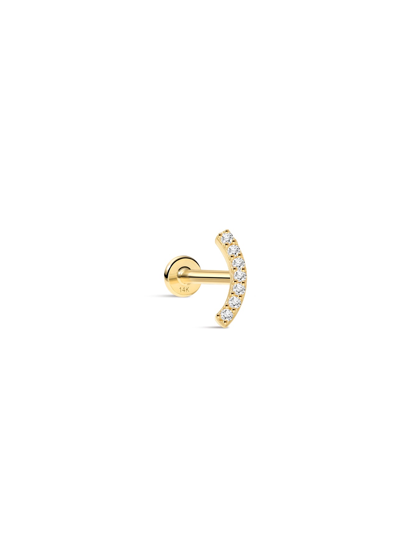 14K Solid Gold Pave Crescent  Ear Piercing Stud