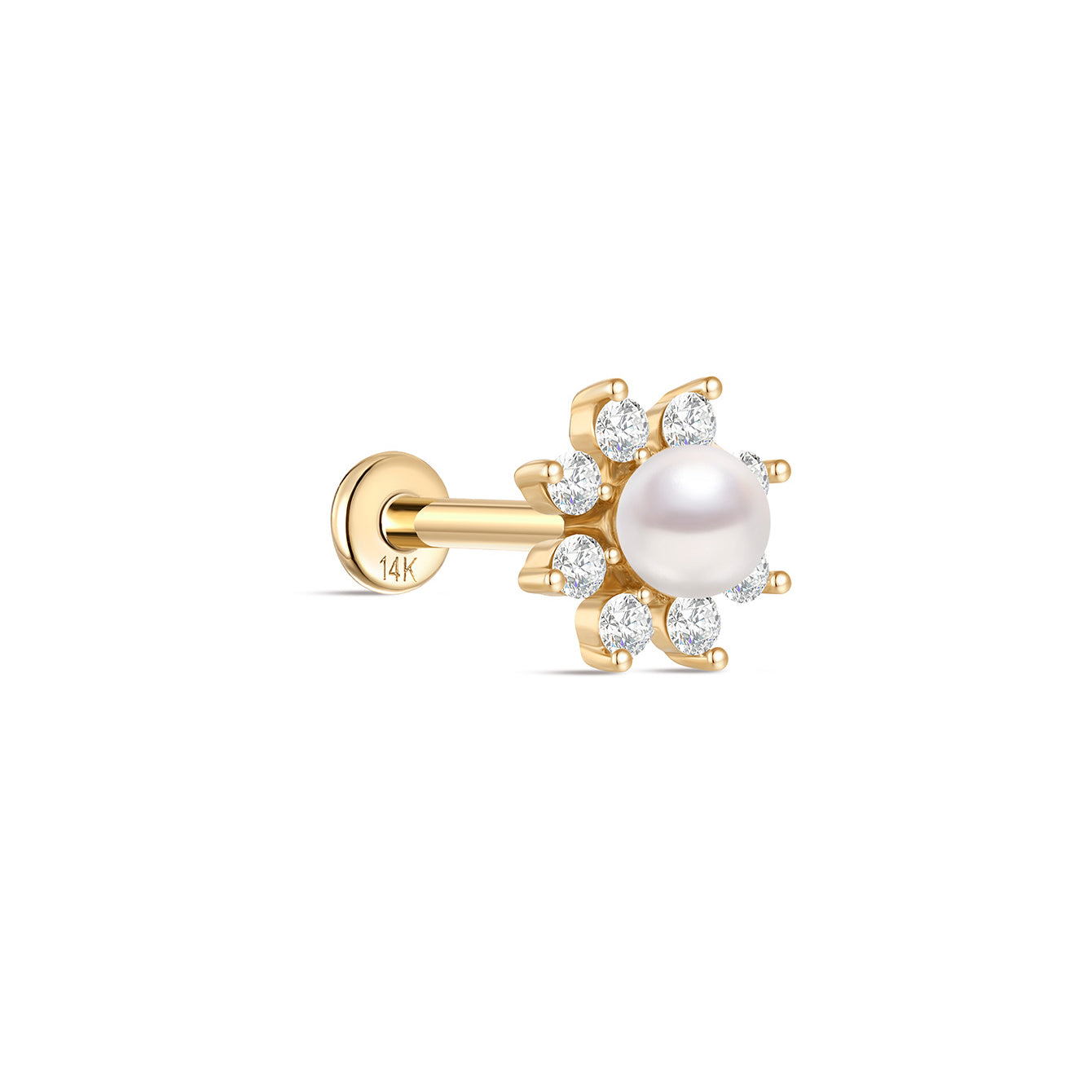 kosiner jewelry 14K Solid Gold Dazzling Pearl Flower Ear Piercing Stud