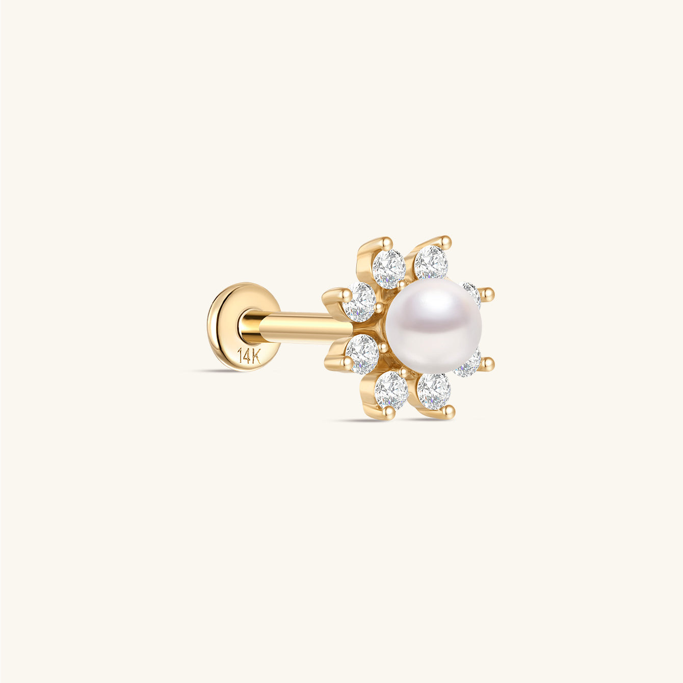 kosiner jewelry 14K Solid Gold Dazzling Pearl Flower Ear Piercing Stud