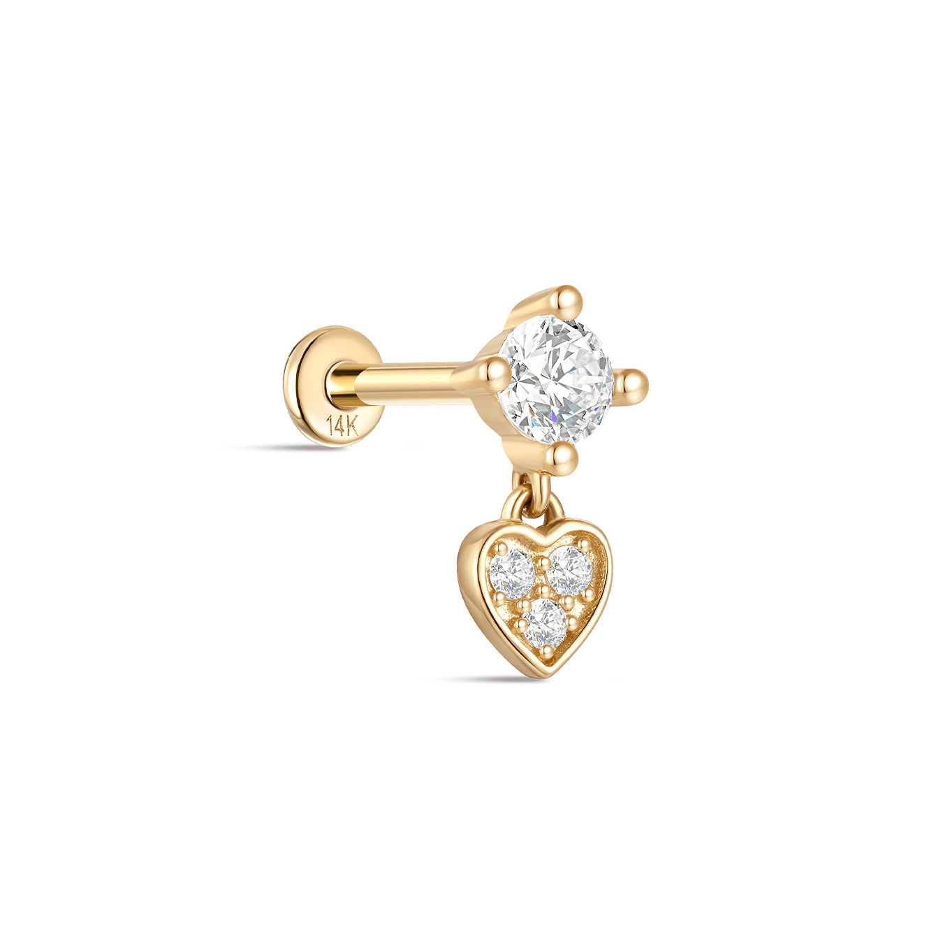 kosiner jewelry 14K Solid Gold Heart Zircon Pendant Ear Piercing Stud