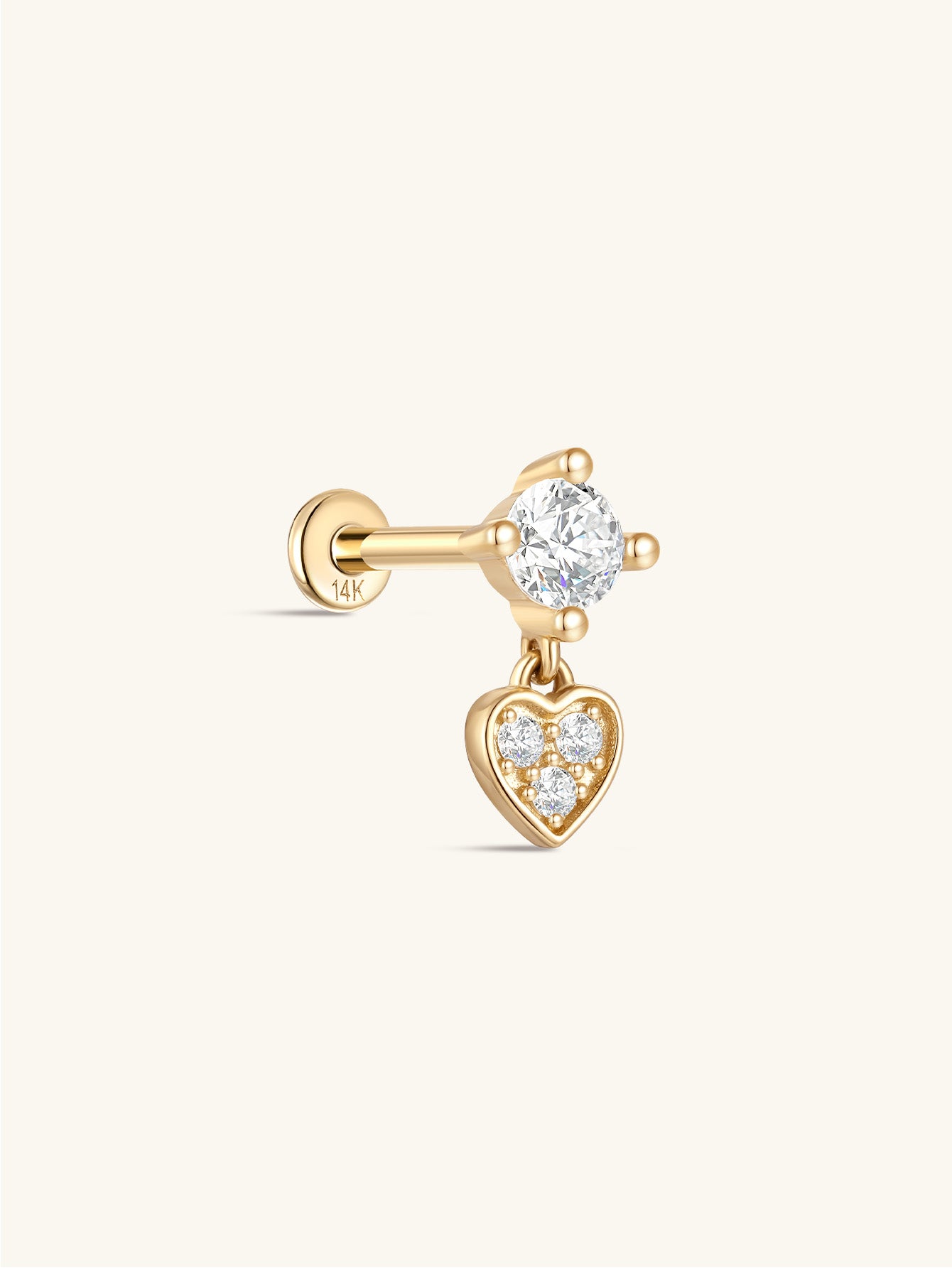 kosiner jewelry 14K Solid Gold Heart Zircon Pendant Ear Piercing Stud