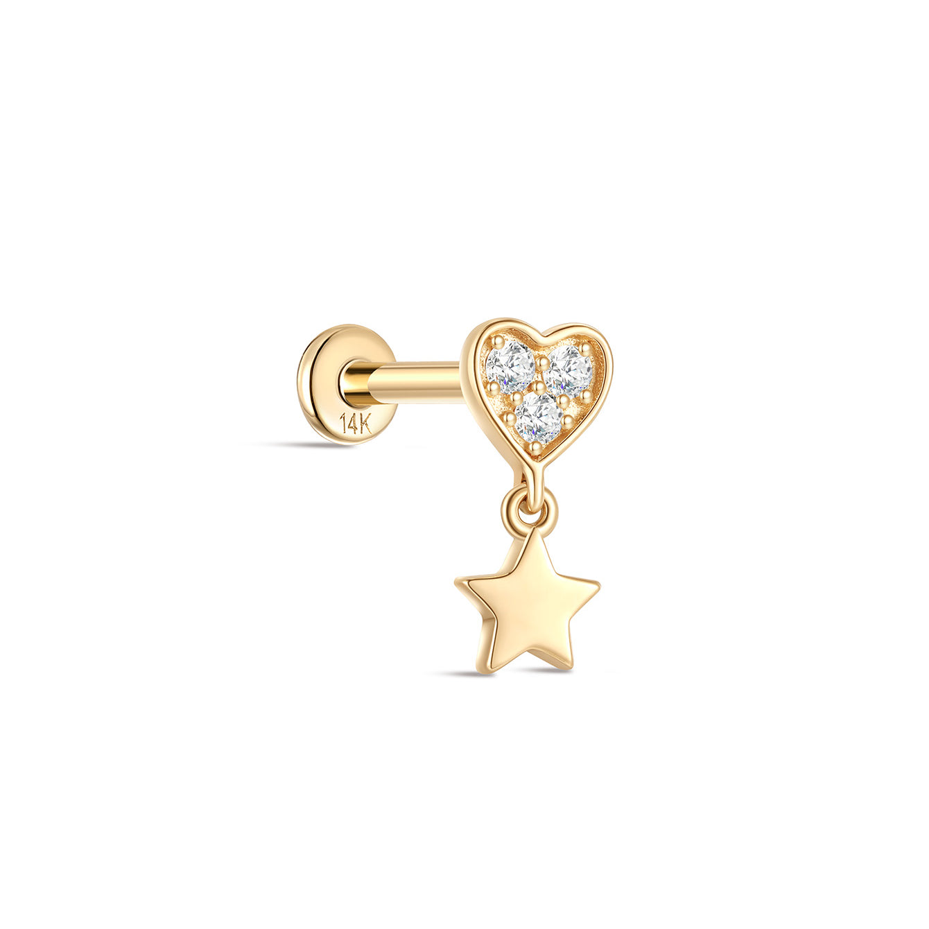kosiner jewelry 14K Solid Gold Shining Star Pendant Ear Piercing Stud