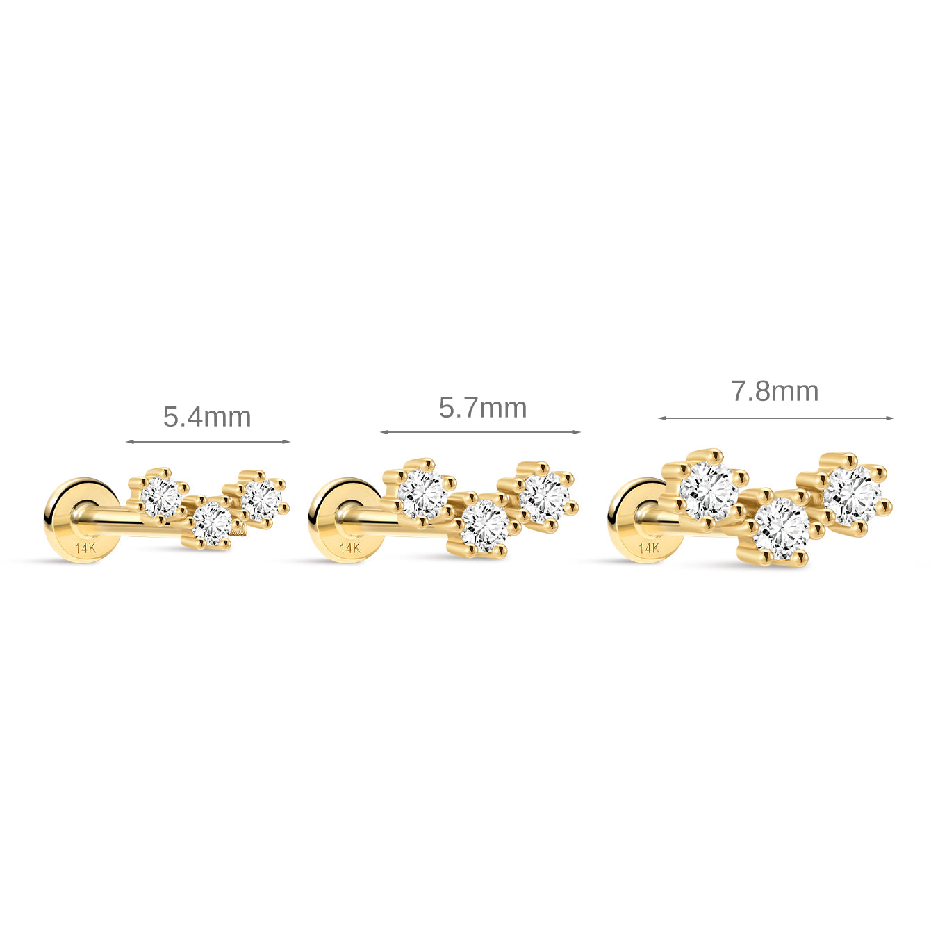 Gold earrings with diamond-like stones on a white background, showing measurements.
