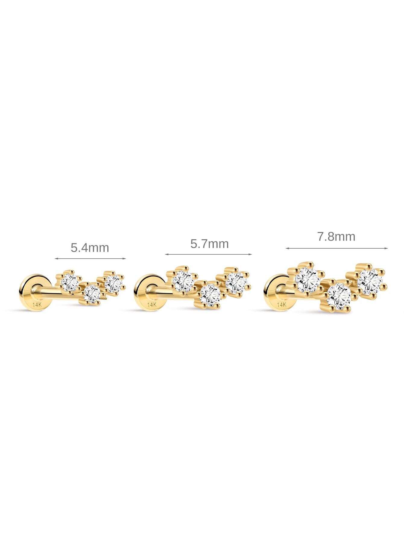 Gold earrings with diamond-like stones on a white background, showing measurements.