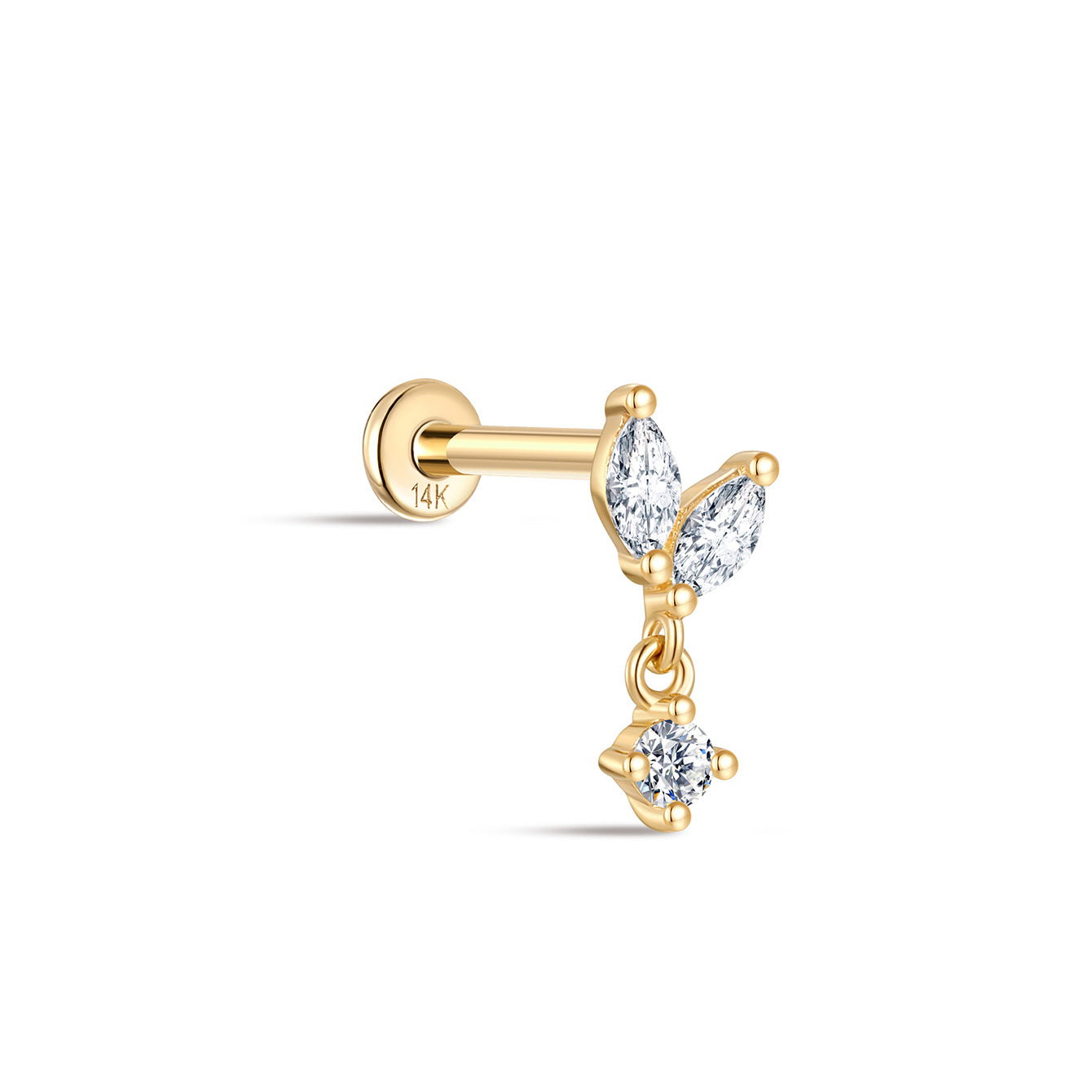 kosiner jewelry 14K Solid Gold Marquise Tassel Pendant Ear Piercing Stud