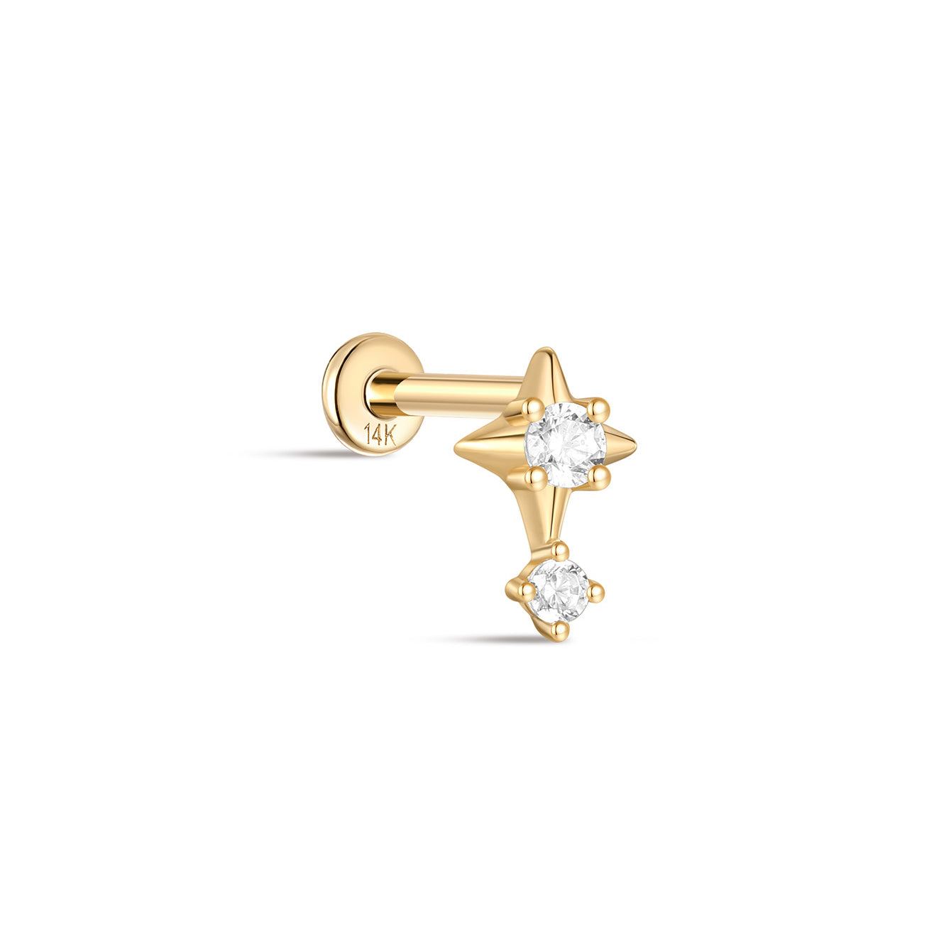 kosiner jewelry 14K Solid Gold Four - Pointed Star Zircon Ear Piercing Stud