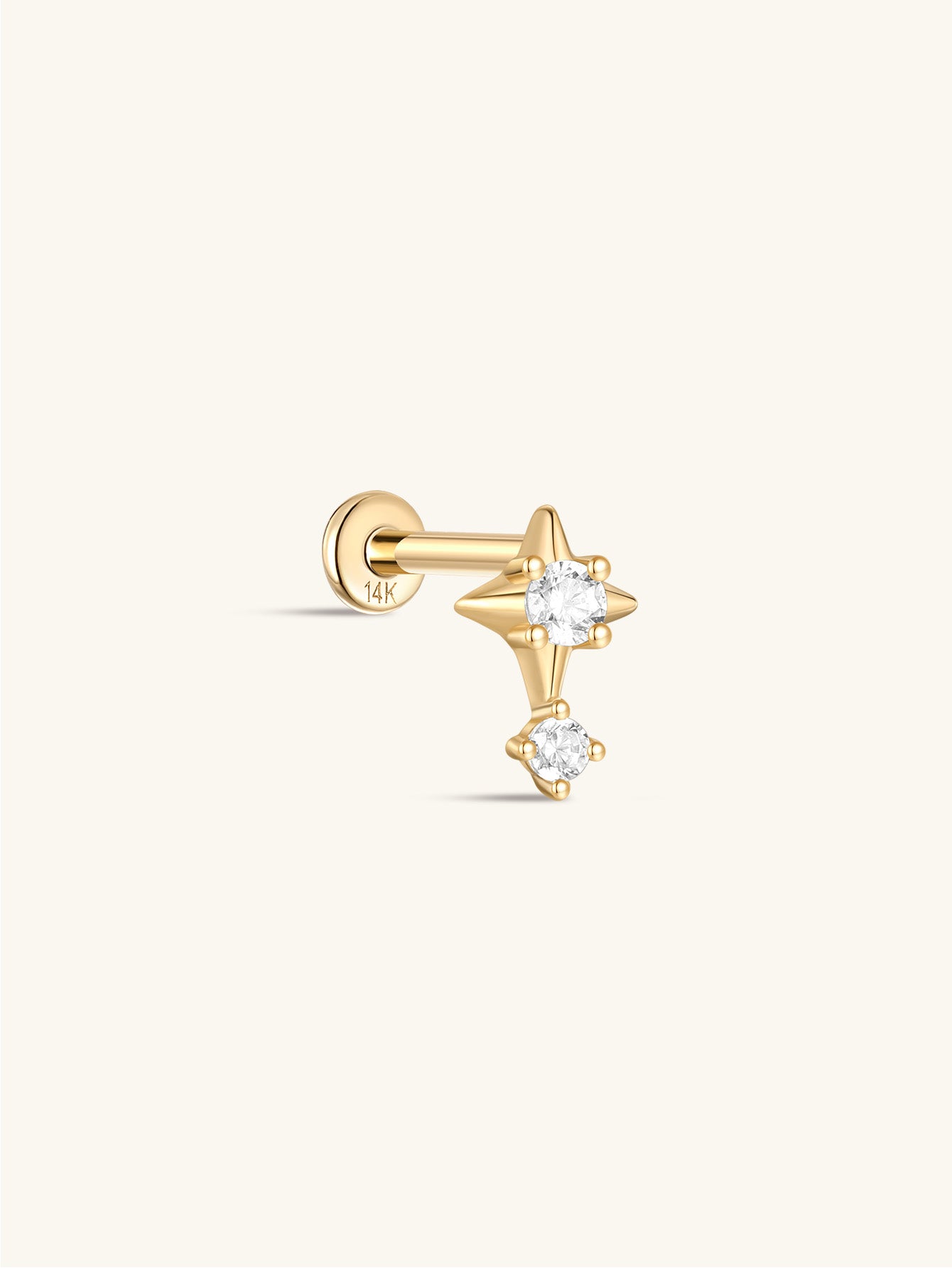 kosiner jewelry 14K Solid Gold Four - Pointed Star Zircon Ear Piercing Stud