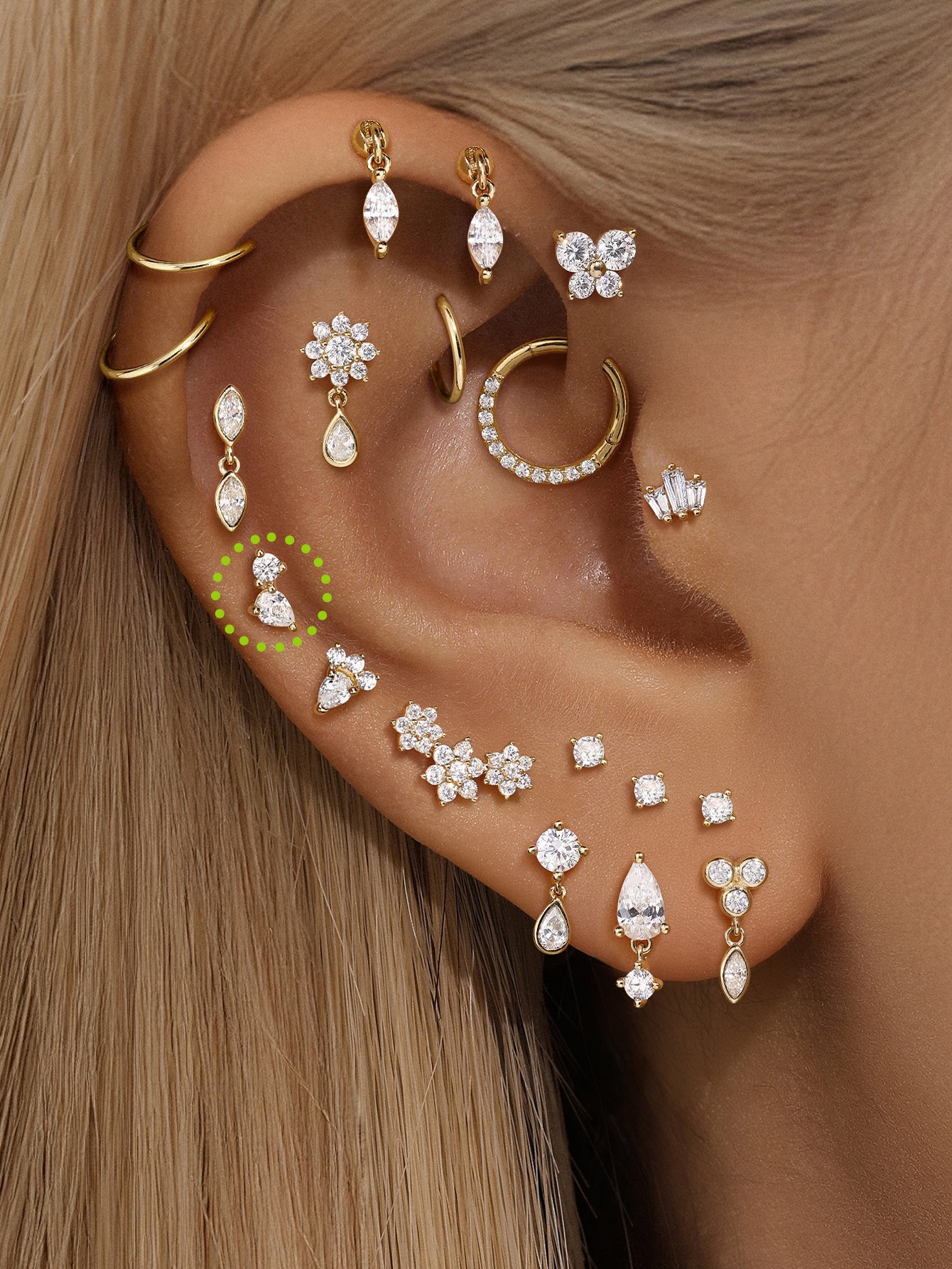 kosiner jewelry 14K Solid Gold Mini Double Zircon Stitching Ear Piercing Stud