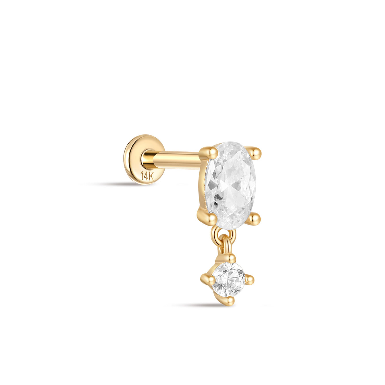 kosiner jewelry 14K Solid Gold Oval Pendant Zirconia Ear Piercing Stud