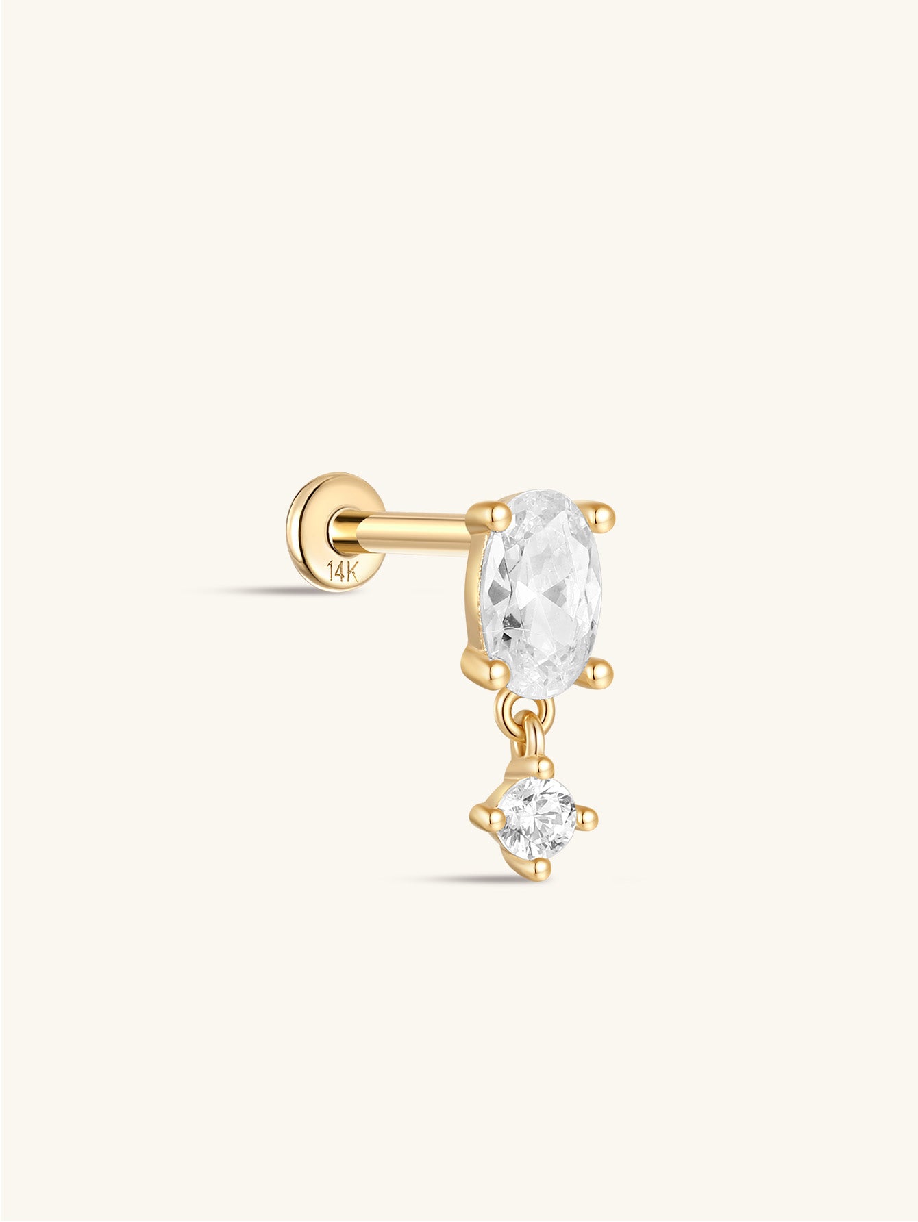 kosiner jewelry 14K Solid Gold Oval Pendant Zirconia Ear Piercing Stud