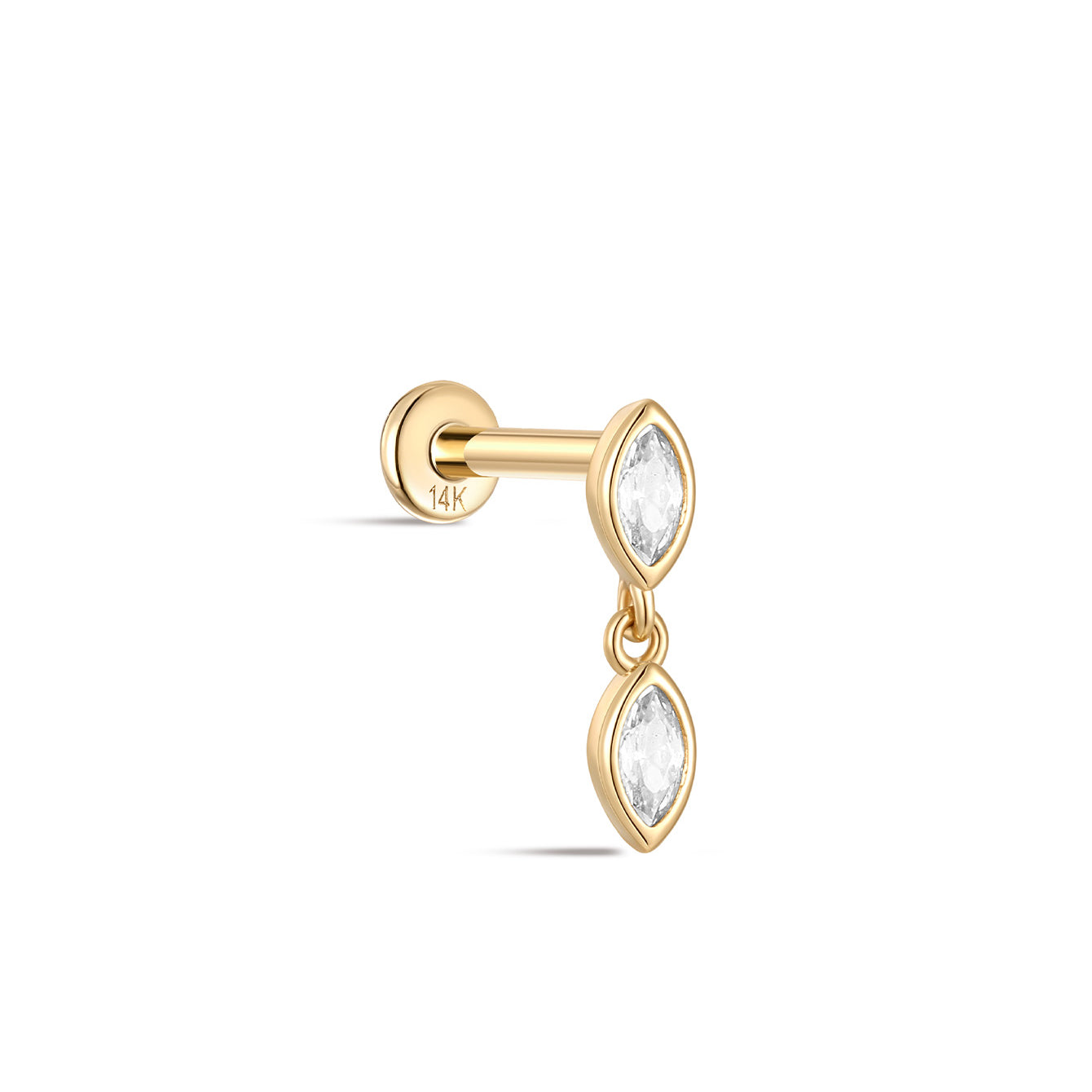 kosiner jewelry 14K Solid Gold Marquise Bezel Zircon Ear Piercing Stud