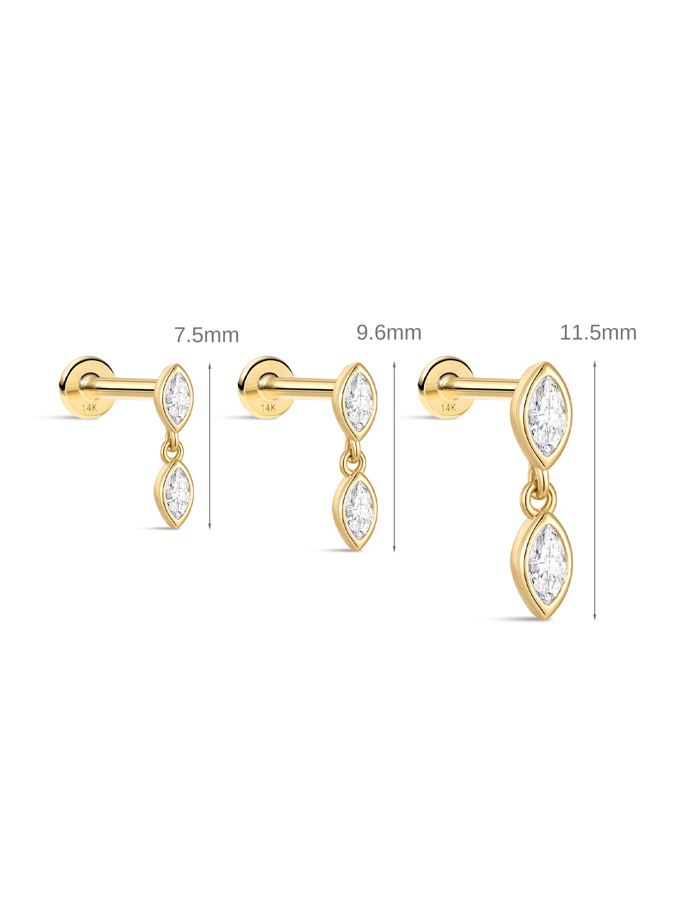 Clou de perçage d'oreille en zircon avec lunette marquise en or massif 14 carats