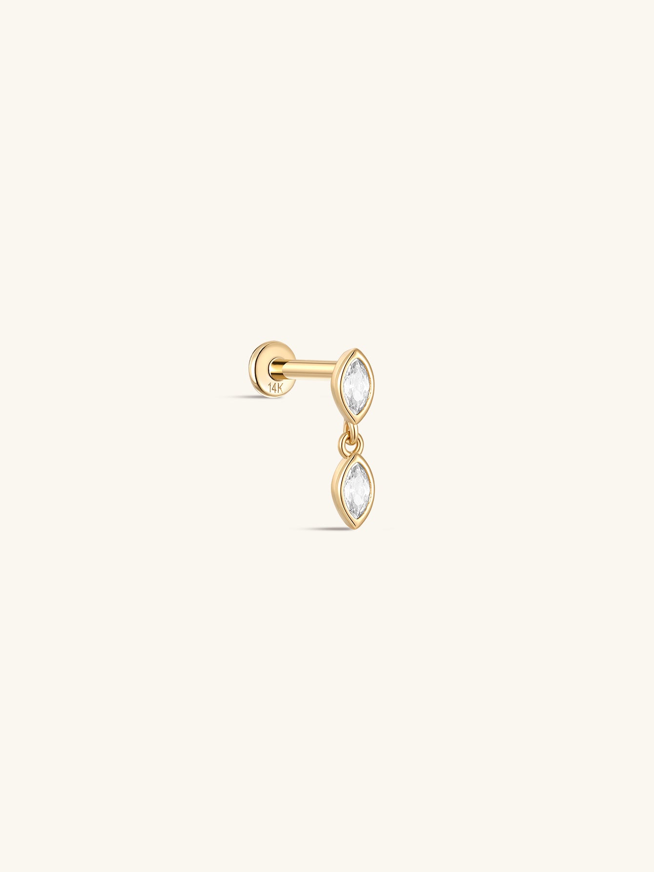 14K Solid Gold Marquise Bezel Zircon  Ear Piercing Stud