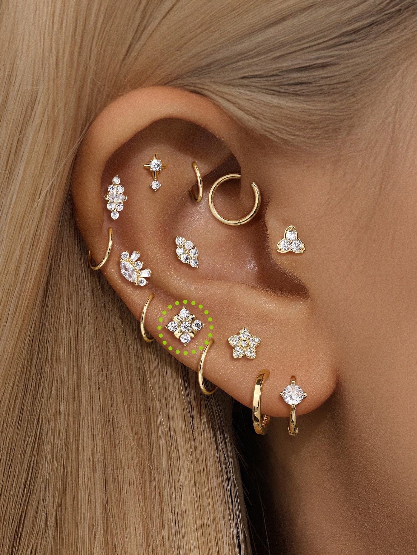 kosiner jewelry 14K Solid Gold Flower Inlaid Ear Piercing Stud