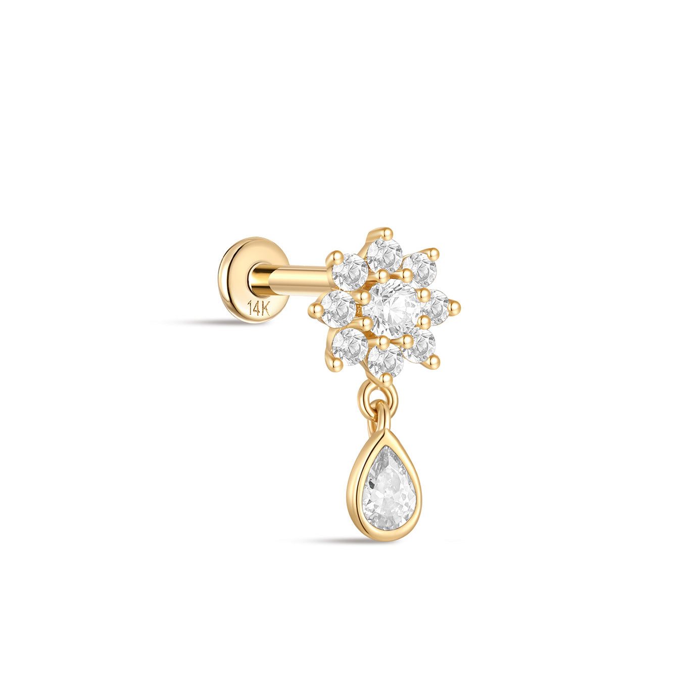 kosiner jewelry 14K Solid Gold Flower Pendant Ear Piercing Stud