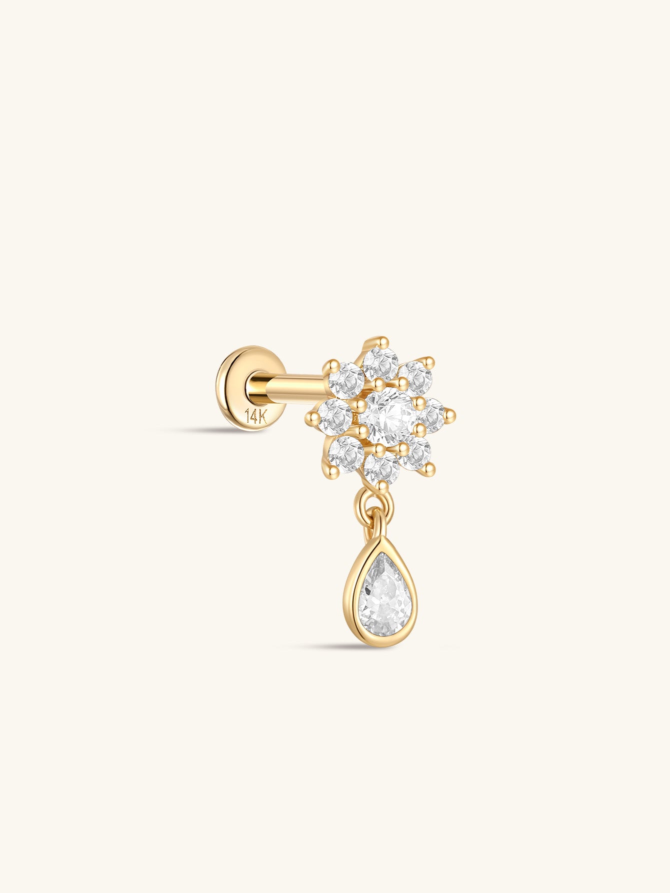 kosiner jewelry 14K Solid Gold Flower Pendant Ear Piercing Stud
