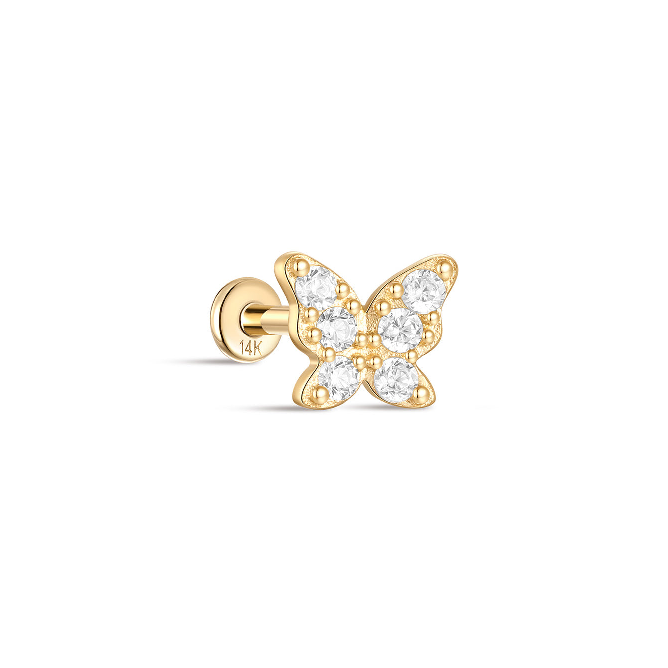 kosiner jewelry 14K Solid Gold Butterfly Pave Zircon Ear Piercing Stud