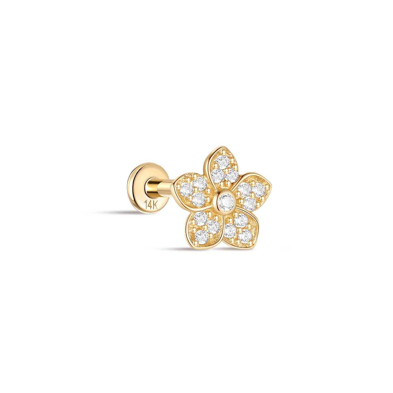 kosiner jewelry 14K Solid Gold Flower Pave Zircon Ear Piercing Stud