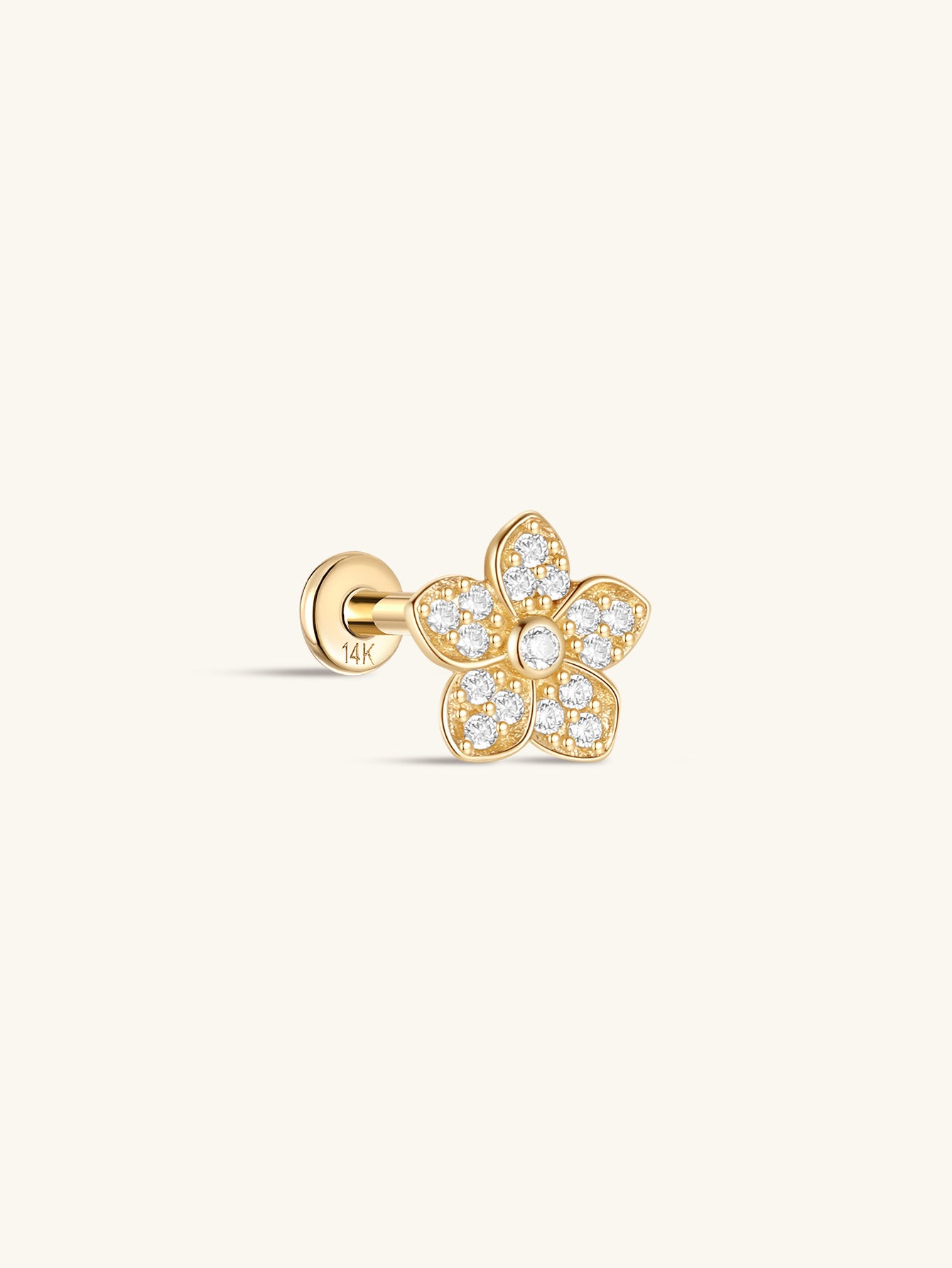 kosiner jewelry 14K Solid Gold Flower Pave Zircon Ear Piercing Stud