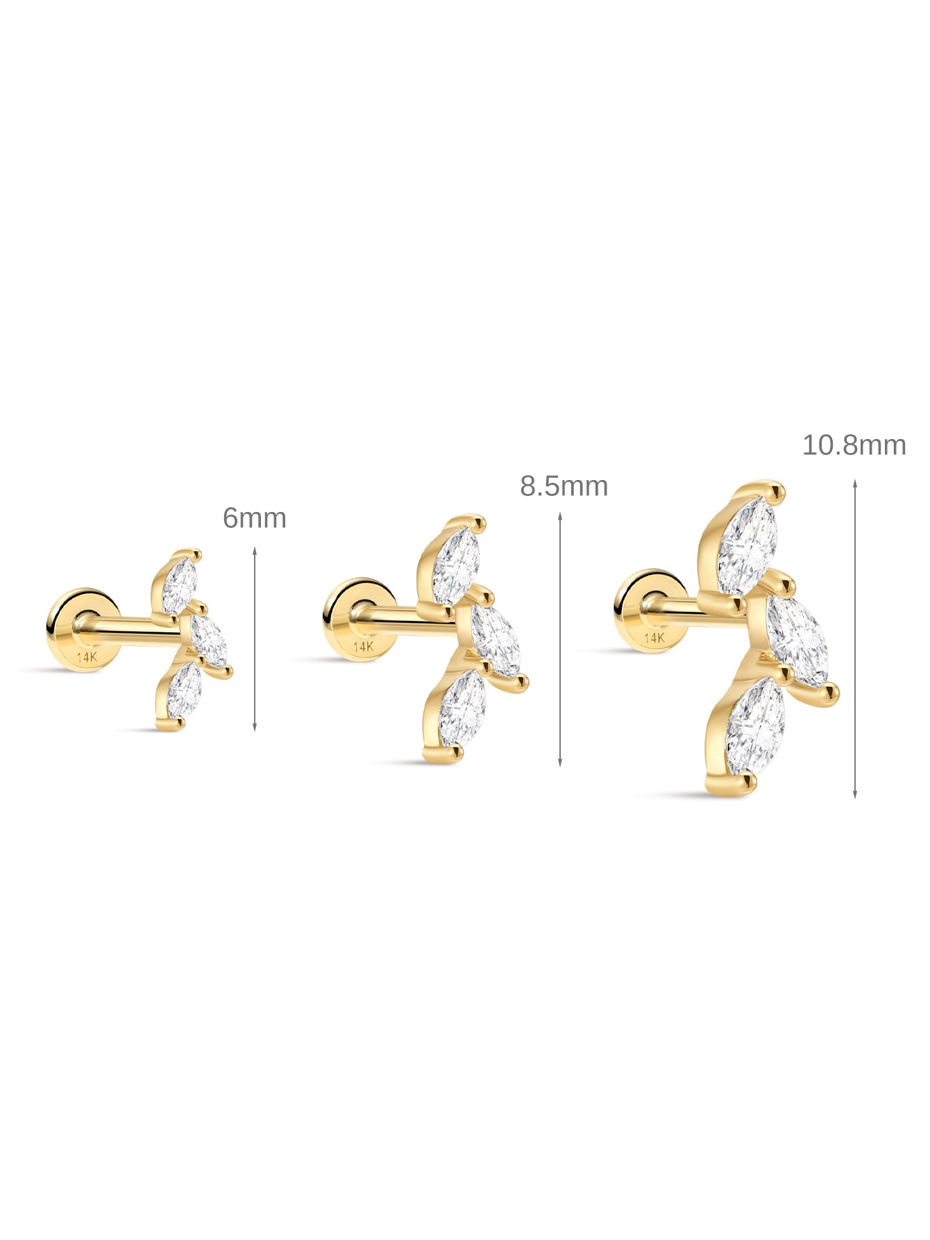 Gold earrings with clear stones, shown with measurements on a white background
