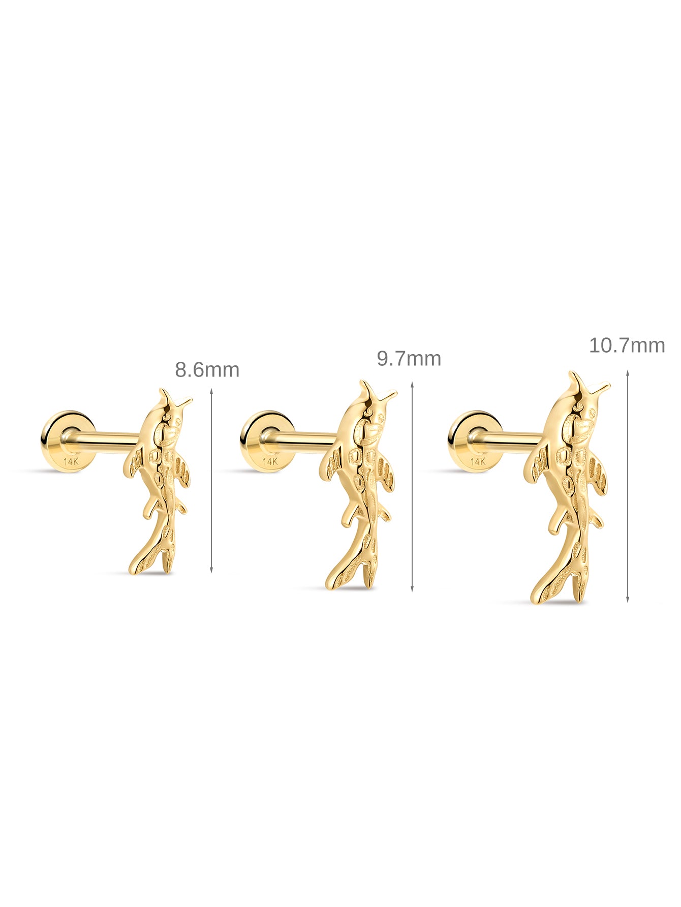 kosiner 14K ソリッド ゴールド 光沢のある金魚の耳ピアス スタッド