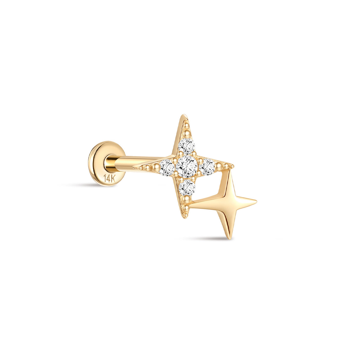 14K Solid Gold Twin Stars Shine Ear Piercing Stud - Kosinerjewelry