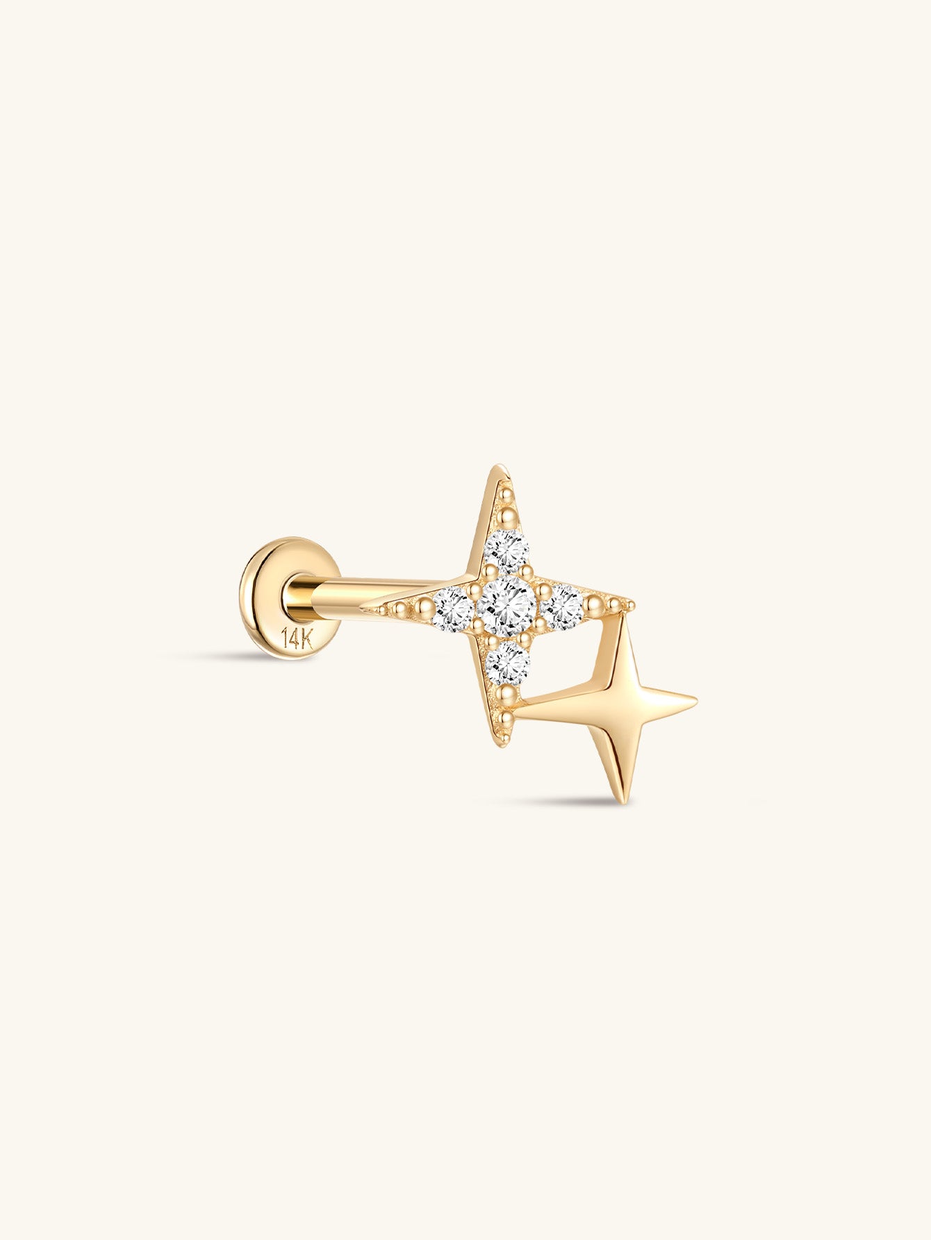 14K Solid Gold Twin Stars Shine Ear Piercing Stud - Kosinerjewelry