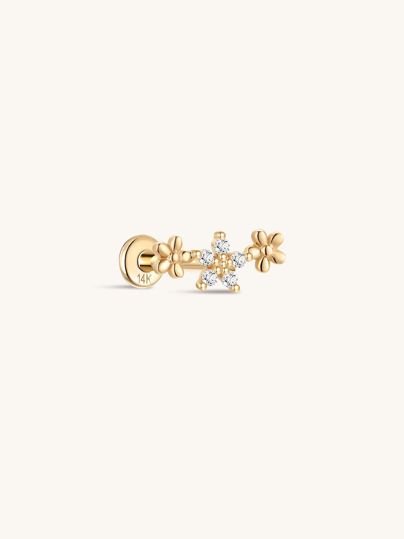 14K Solid Gold Trio Flower Ear Piercing Stud - Kosinerjewelry