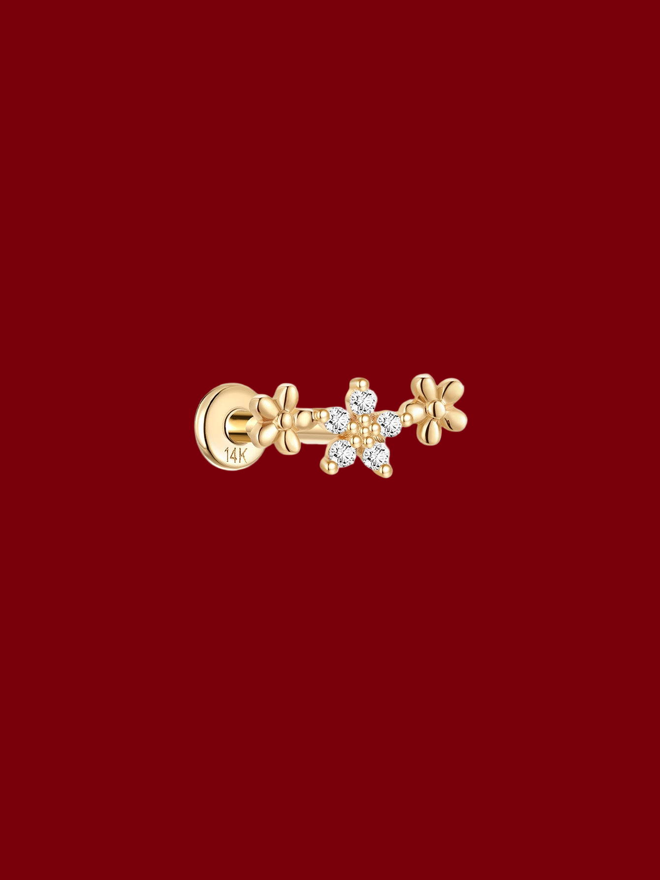 14K Solid Gold Trio Flower Ear Piercing Stud