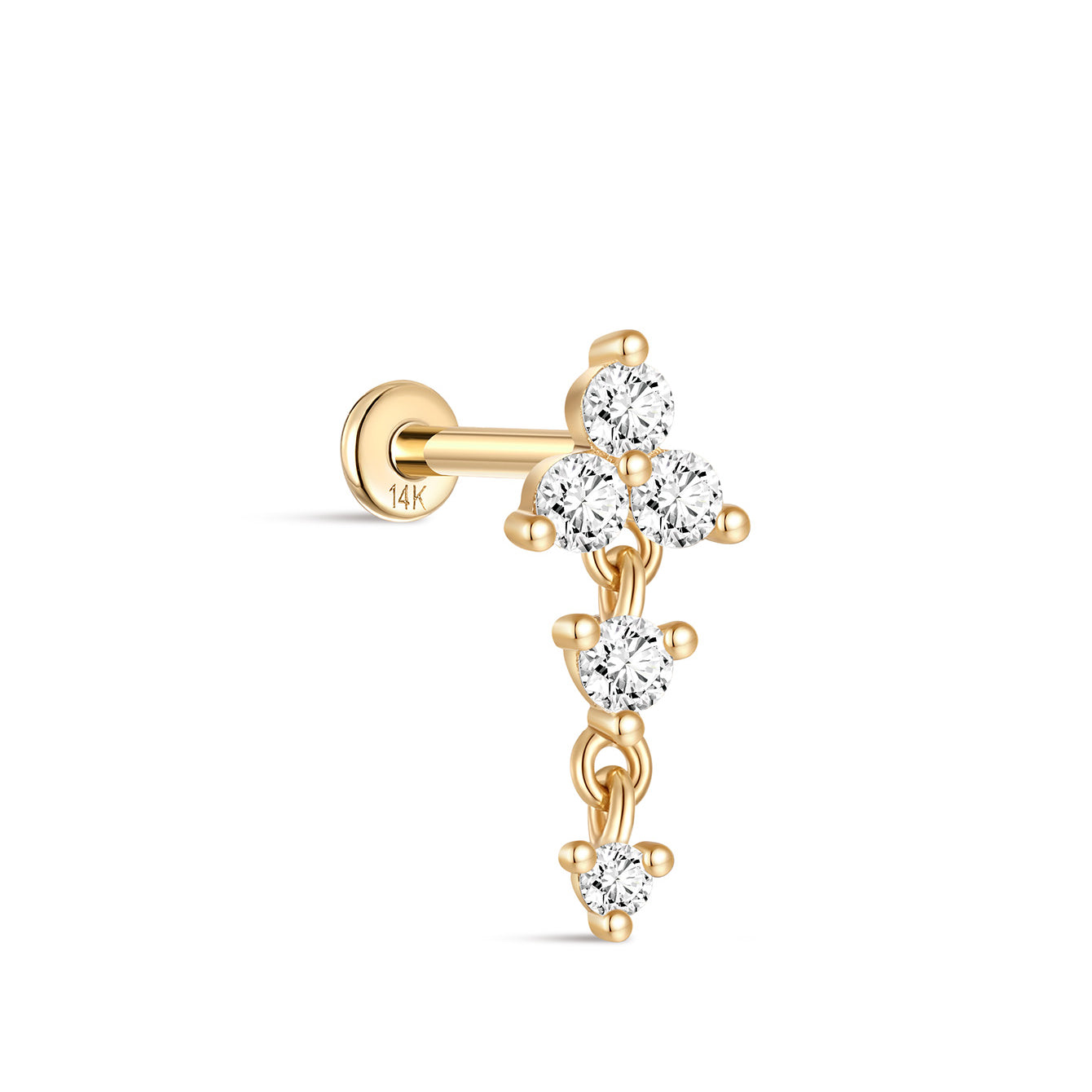 14K Solid Gold Tassel Triangle Round Zircon Ear Piercing Stud - Kosinerjewelry