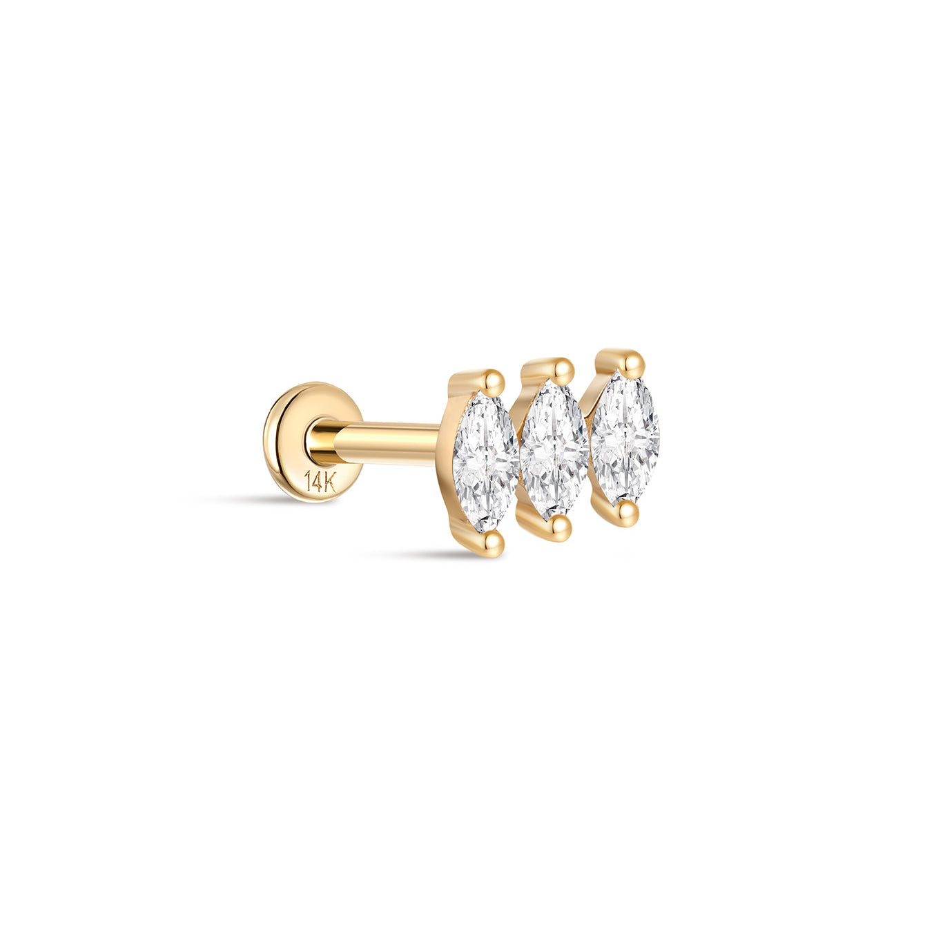 14K Solid Gold Tri Marquise Zircon Ear Piercing Stud - Kosinerjewelry