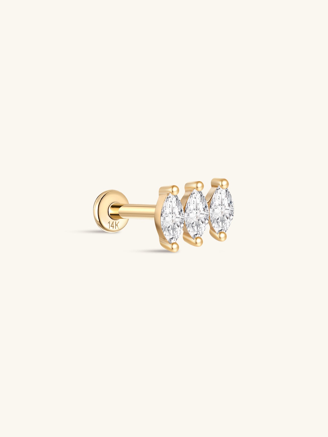 14K Solid Gold Tri Marquise Zircon Ear Piercing Stud - Kosinerjewelry
