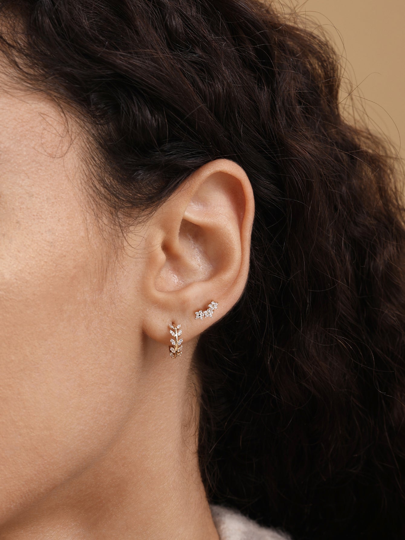 14K Solid Gold Sparkling Triple Flower Ear Piercing Stud