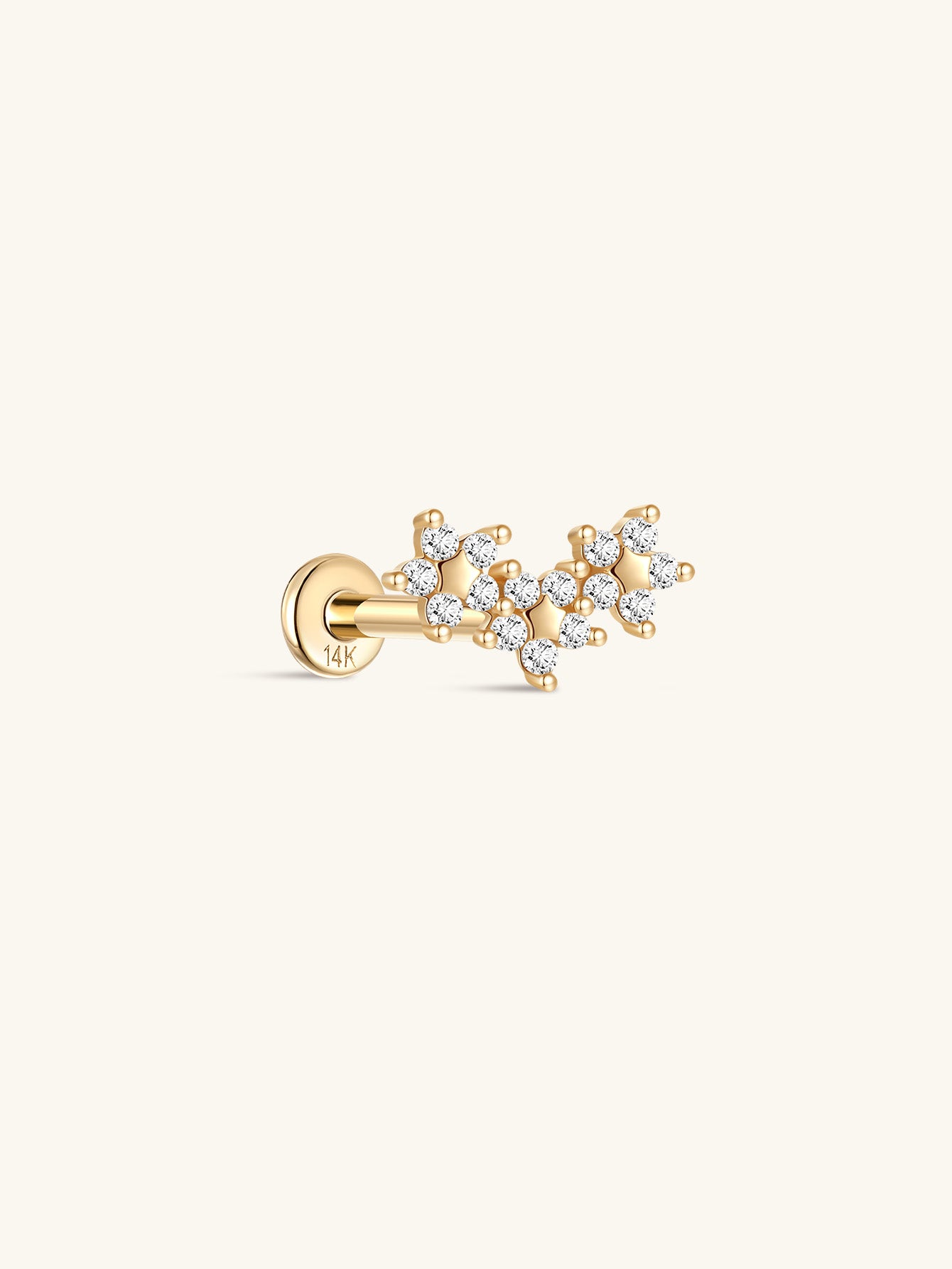 14K Solid Gold Sparkling Triple Flower Ear Piercing Stud - Kosinerjewelry