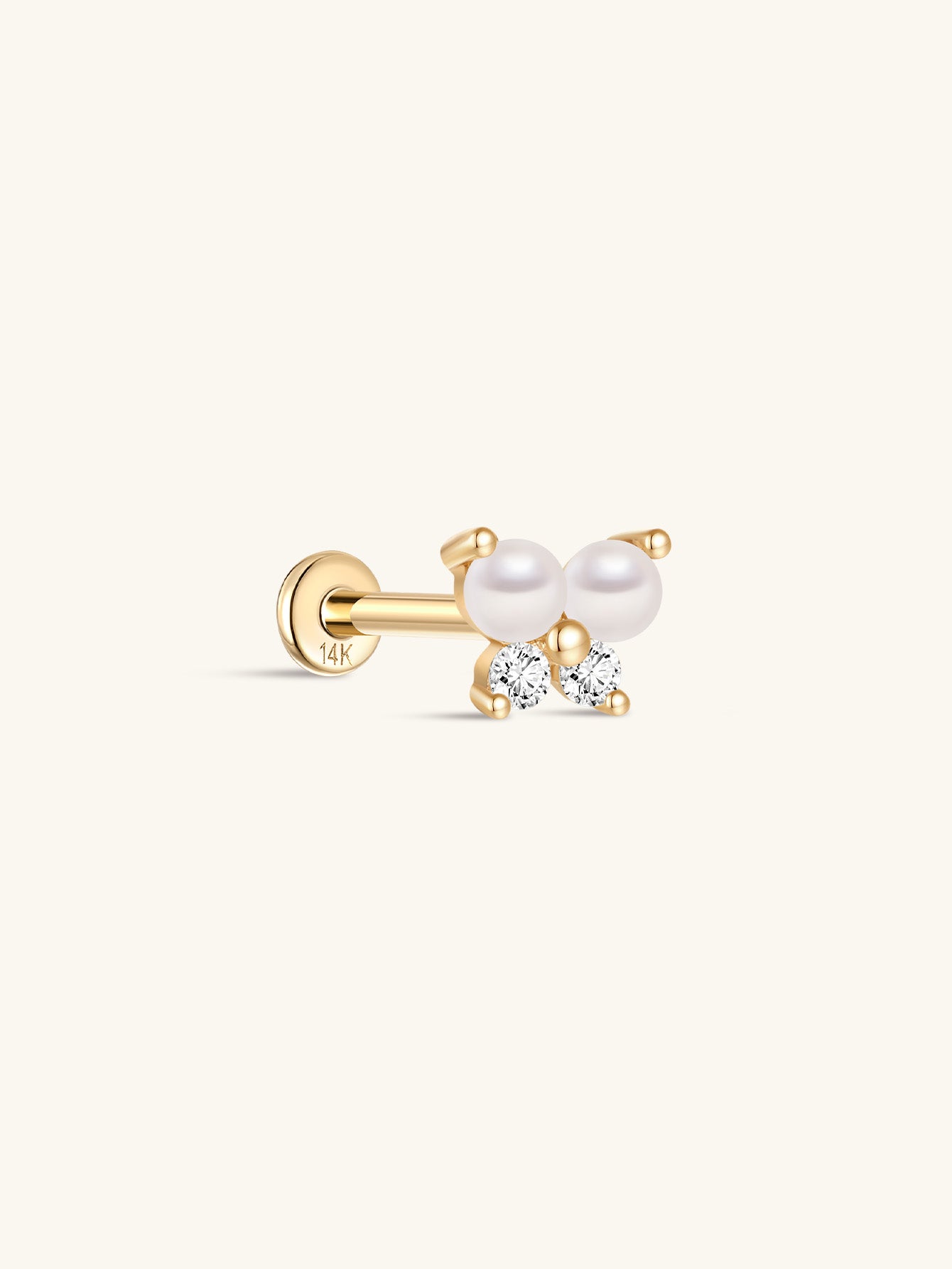 14K Solid Gold Pearl Butterfly Ear Piercing Stud - Kosinerjewelry