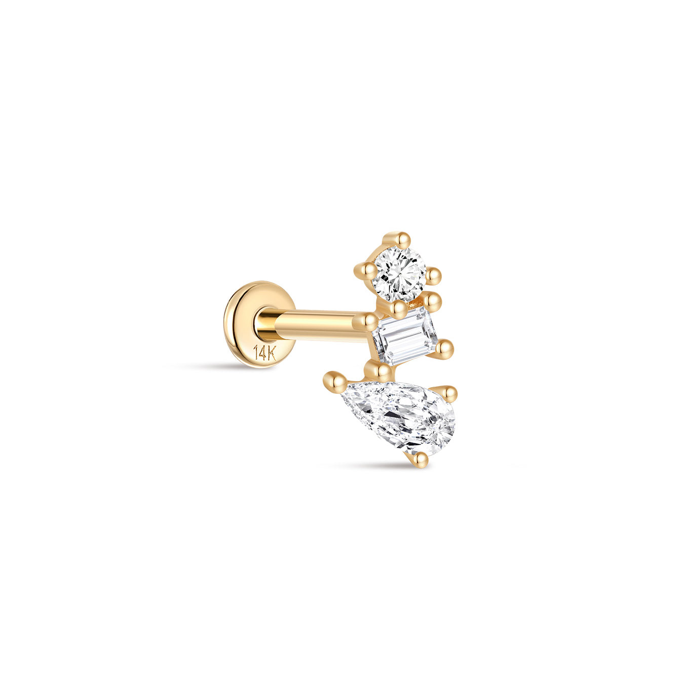 14K Solid Gold Three Irregular Zircons Ear Piercing Stud - Kosinerjewelry