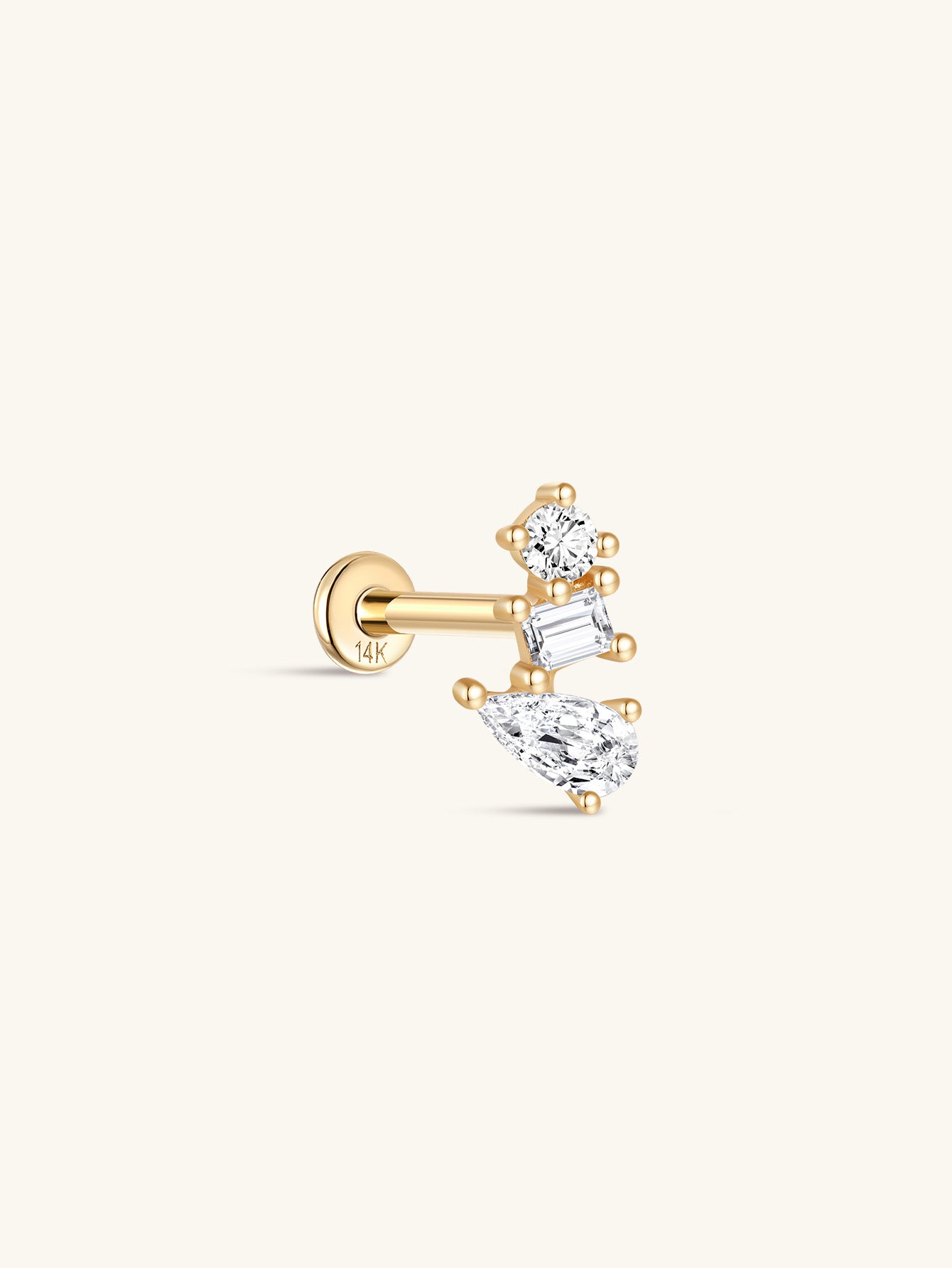 14K Solid Gold Three Irregular Zircons Ear Piercing Stud - Kosinerjewelry