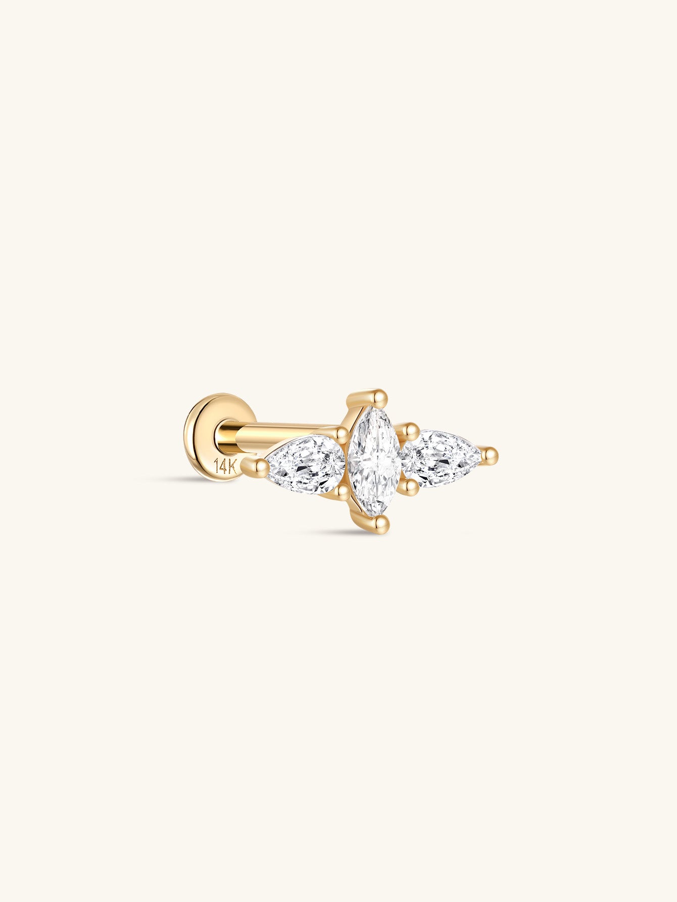 14K Solid Gold Teardrop Zircon Wings Ear Piercing Stud - Kosinerjewelry