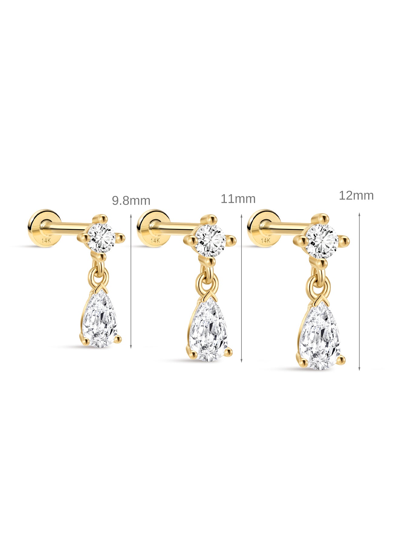 Clou de perçage d'oreille avec pendentif en forme de larme en or massif 14 carats