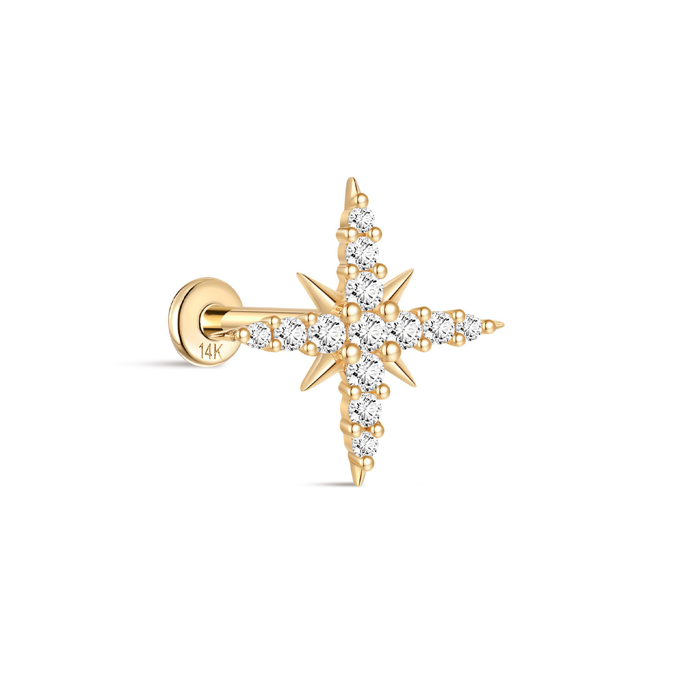 14K Solid Gold Shining Eight-Pointed Star Zircon Ear Piercing Stud - Kosinerjewelry