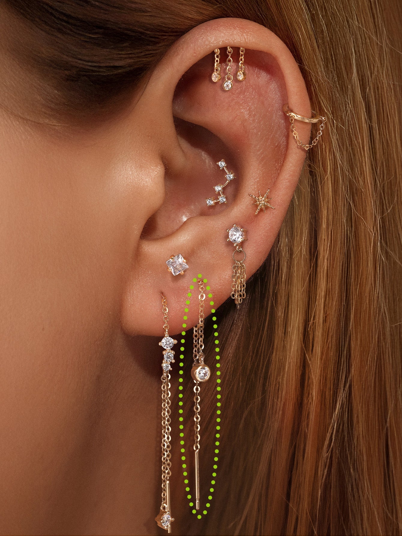 14K Solid Gold Tassel Chain Hoop Charm Ear Wire - Kosinerjewelry