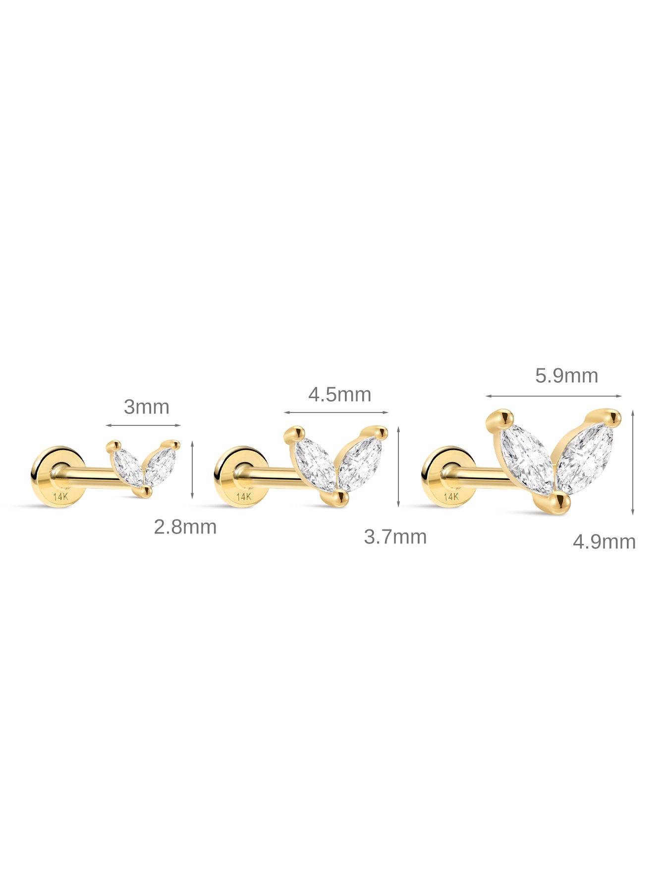 KOSINER Marquise CZ Flat Back Sizes, 3mm/4.5mm/5.9mm, 14K Solid Gold