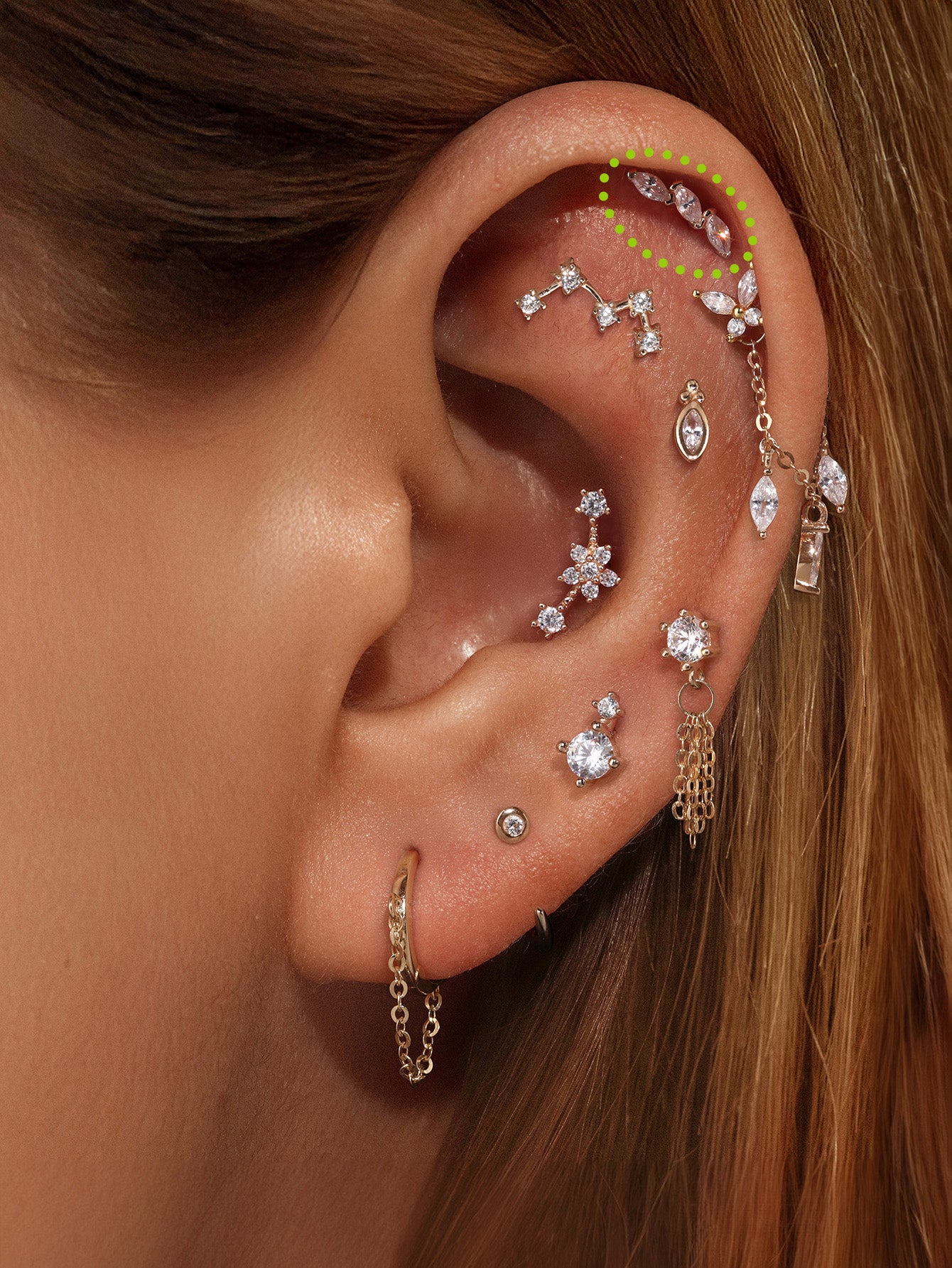 14K Solid Gold Single Row Marquise Ear Piercing Stud - Kosinerjewelry