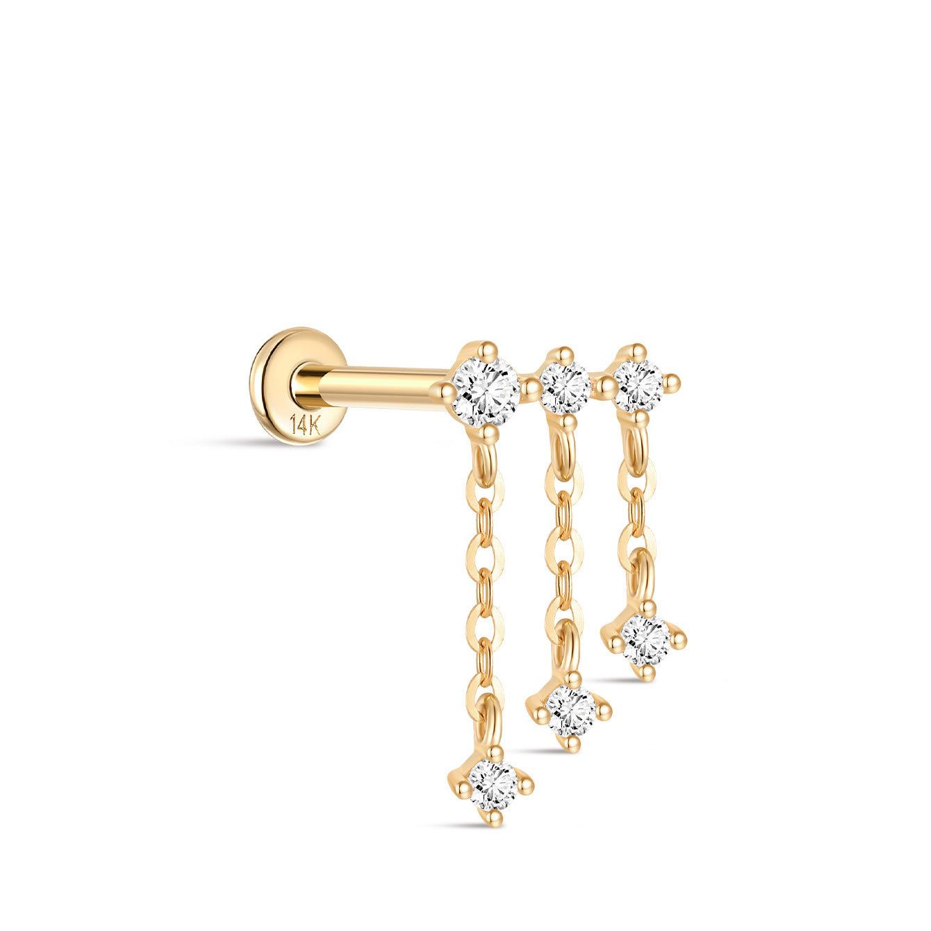 14K Solid Gold Multi-diamond Tassel Dhain Ear Piercing Stud - Kosinerjewelry