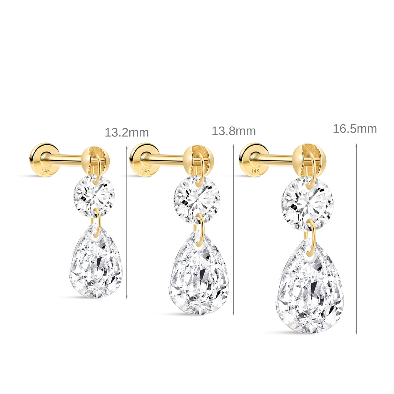 Gold and crystal earrings with measurements on a white background